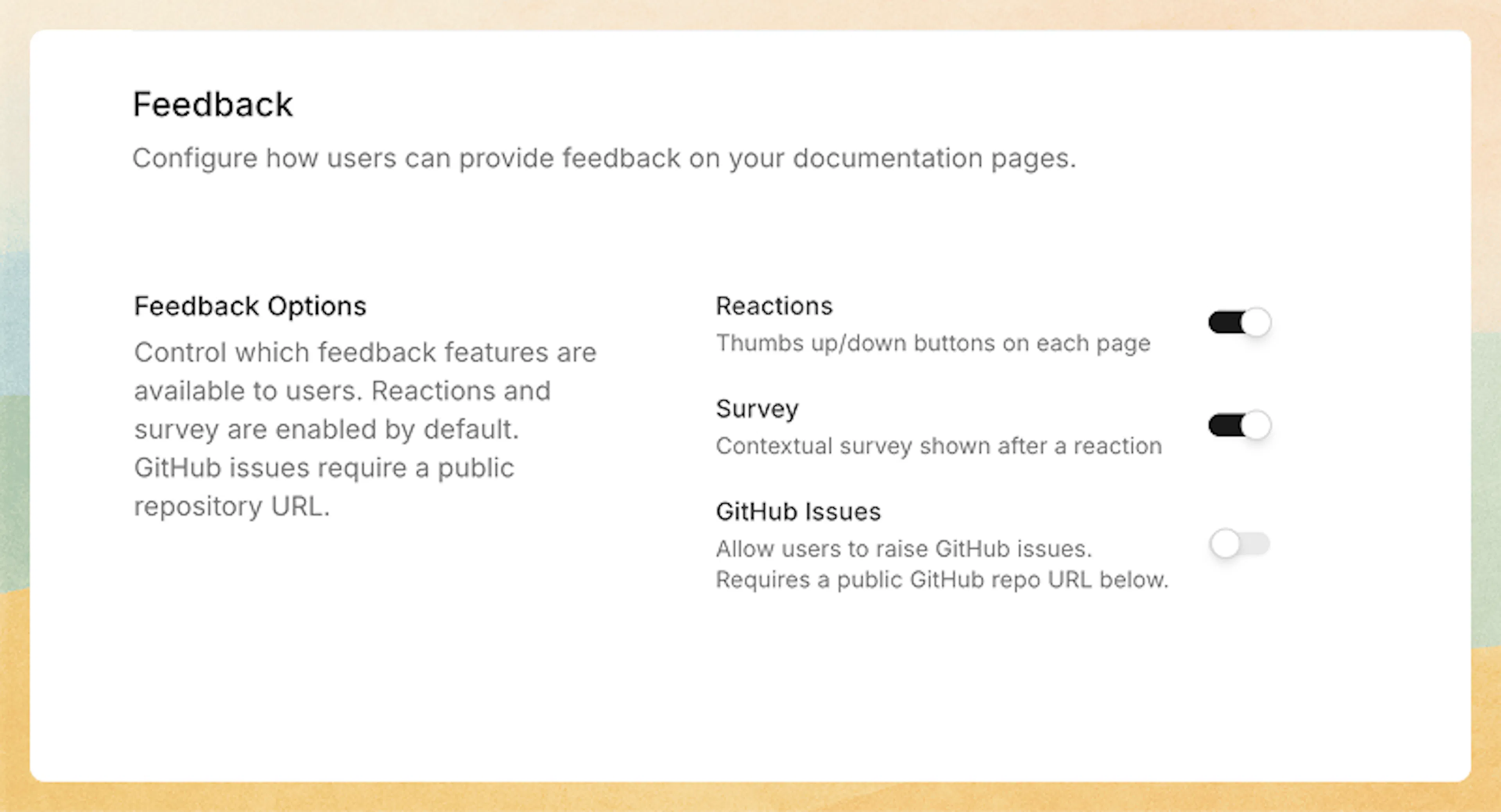 Feedback configuration in Site Config showing follow-up survey options for thumbs up and thumbs down reactions
