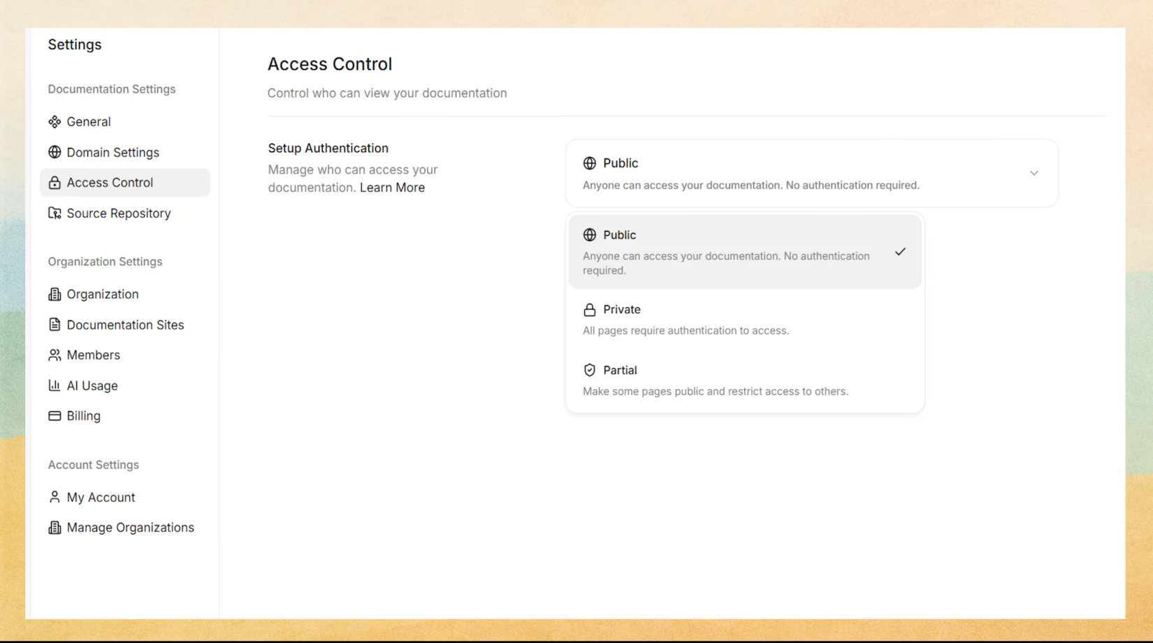 Access control settings in the Documentation.AI dashboard showing Public, Private, and Partial access mode options