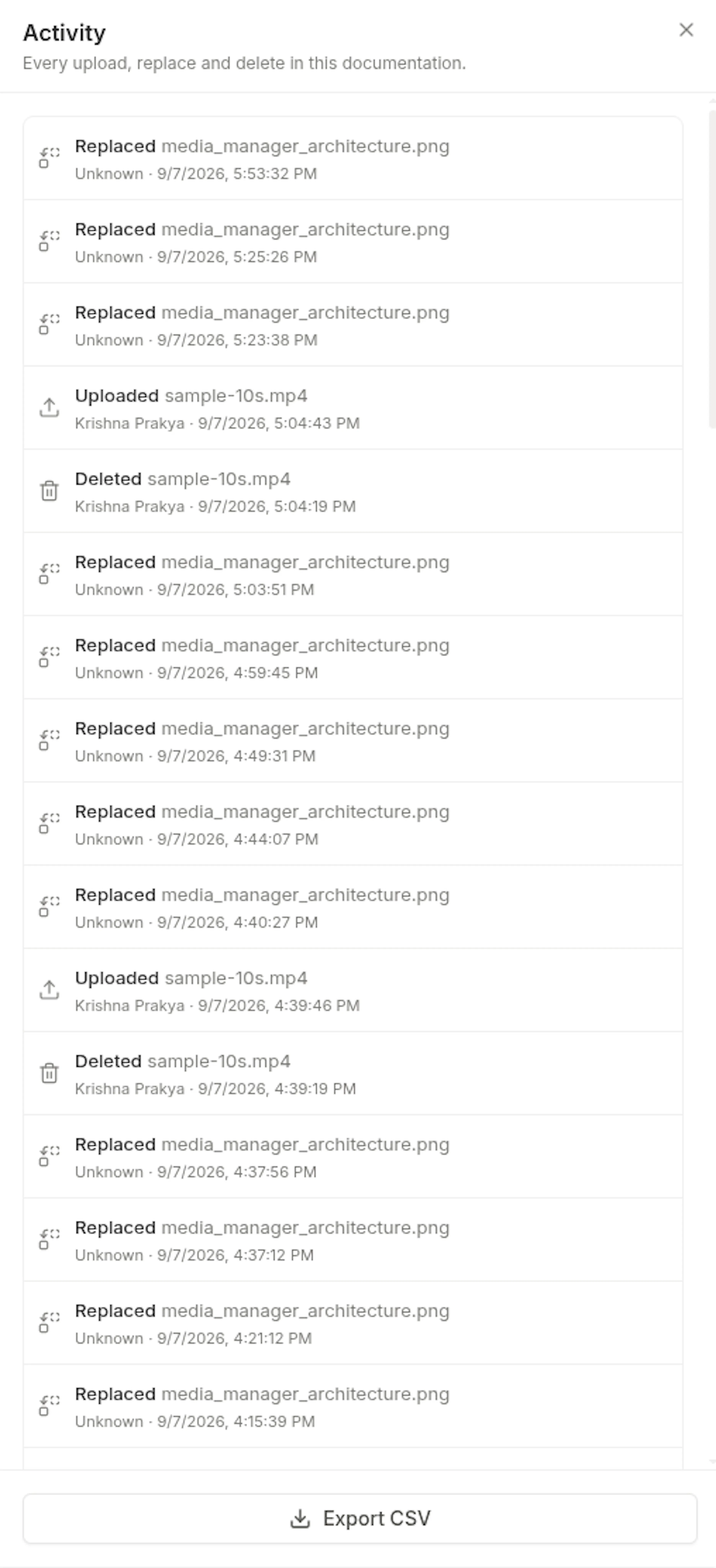 Activity panel listing uploads, replacements, and deletions with the person and time for each, and an Export CSV button