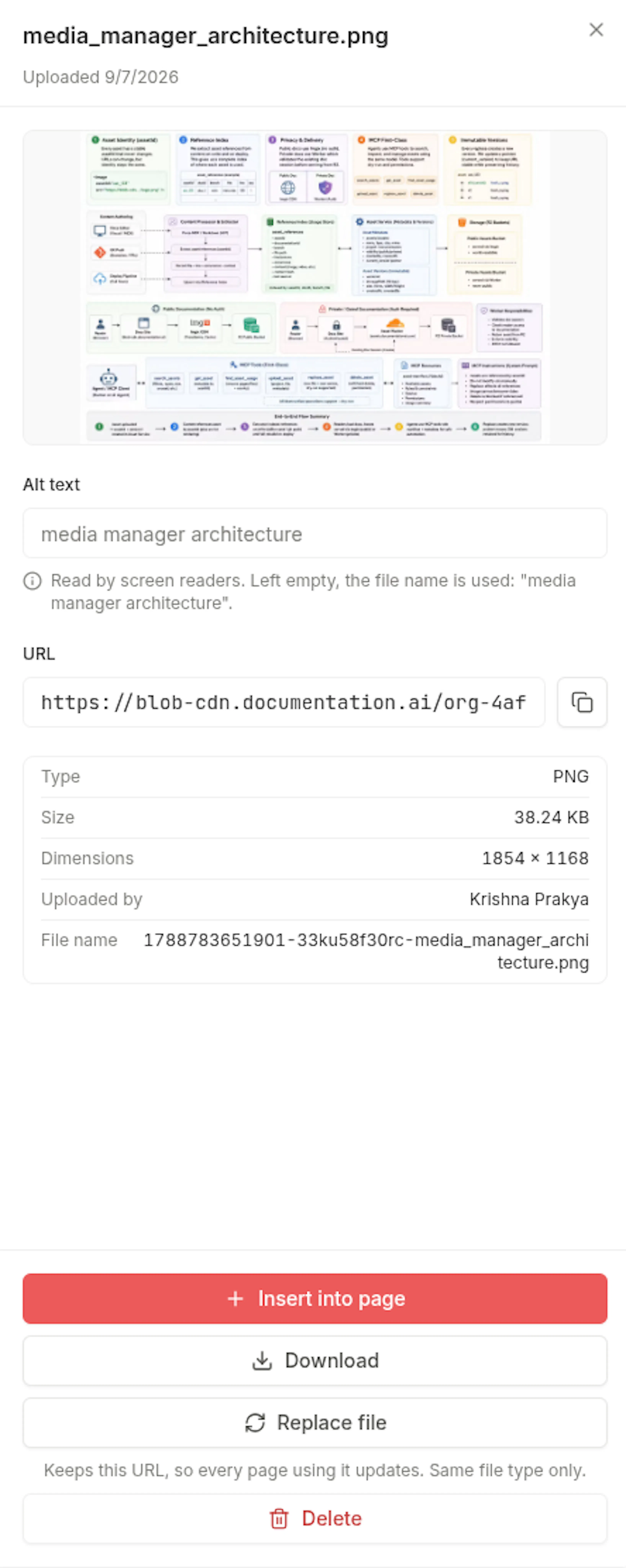 Detail panel for an image showing alt text, URL with copy button, type, size, dimensions, uploader, and the Insert into page, Download, Replace file, and Delete actions