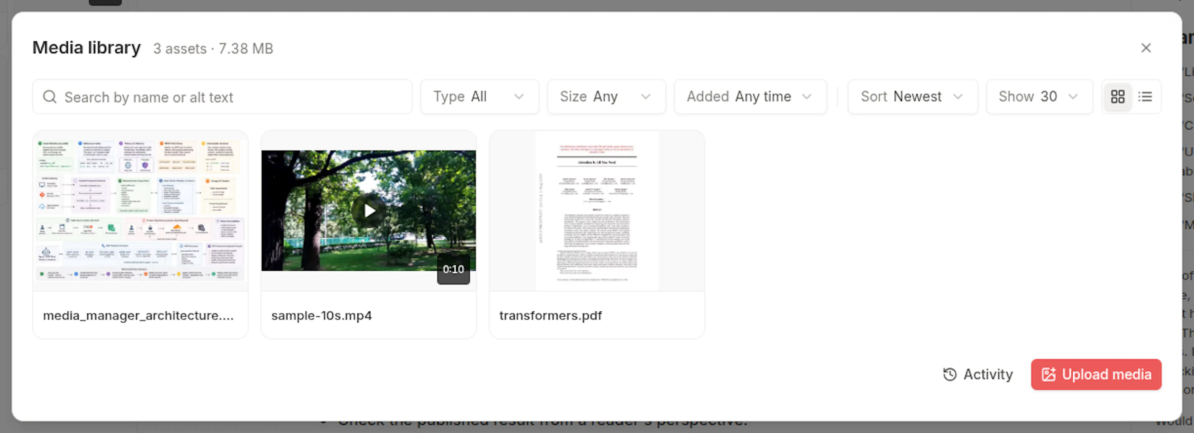 Media library window with search, Type, Size, Added, Sort, and Show controls above a grid of files