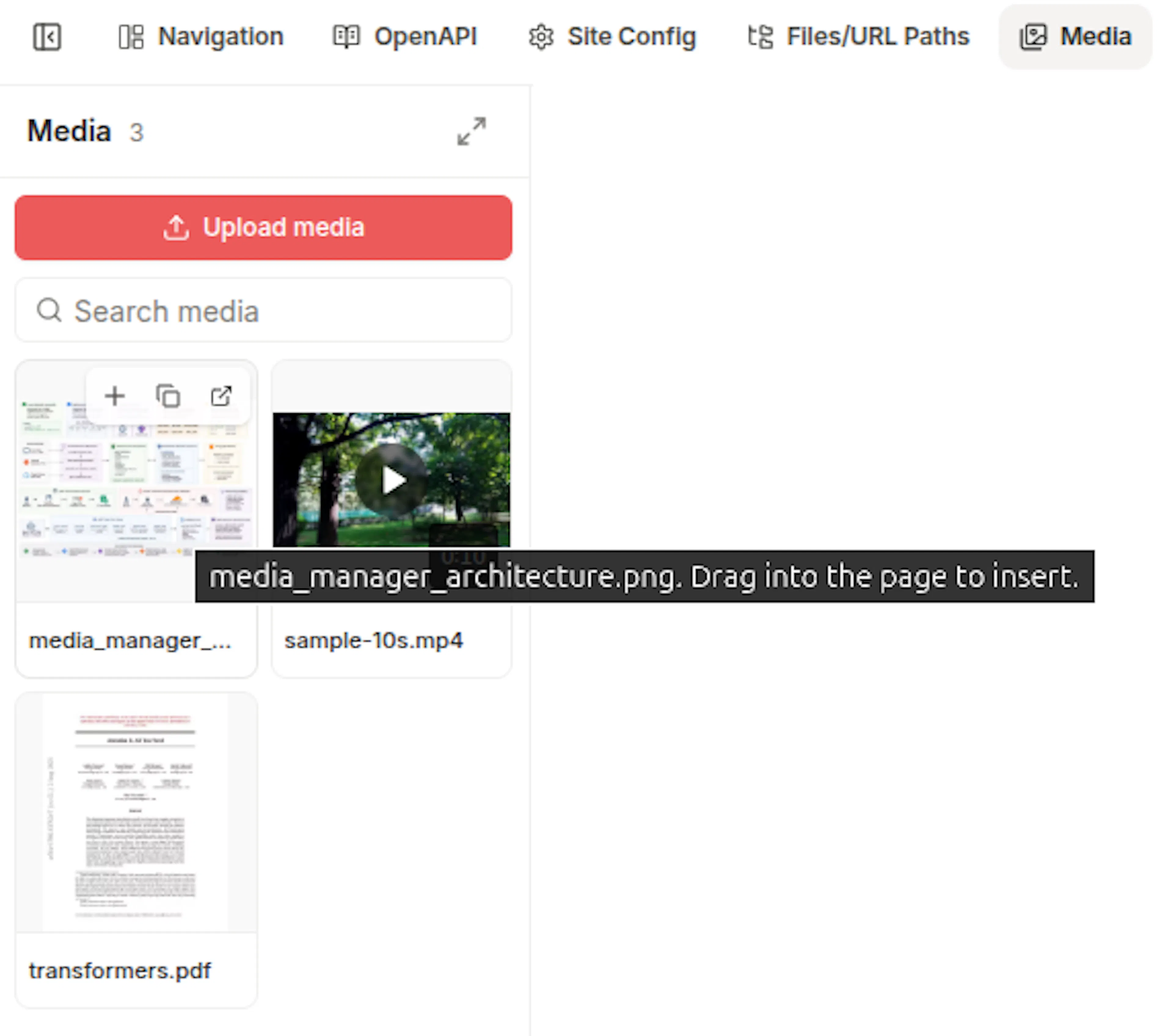 Media tab in the web editor with Upload media, search, and a hovered tile showing the insert, copy URL, and open actions