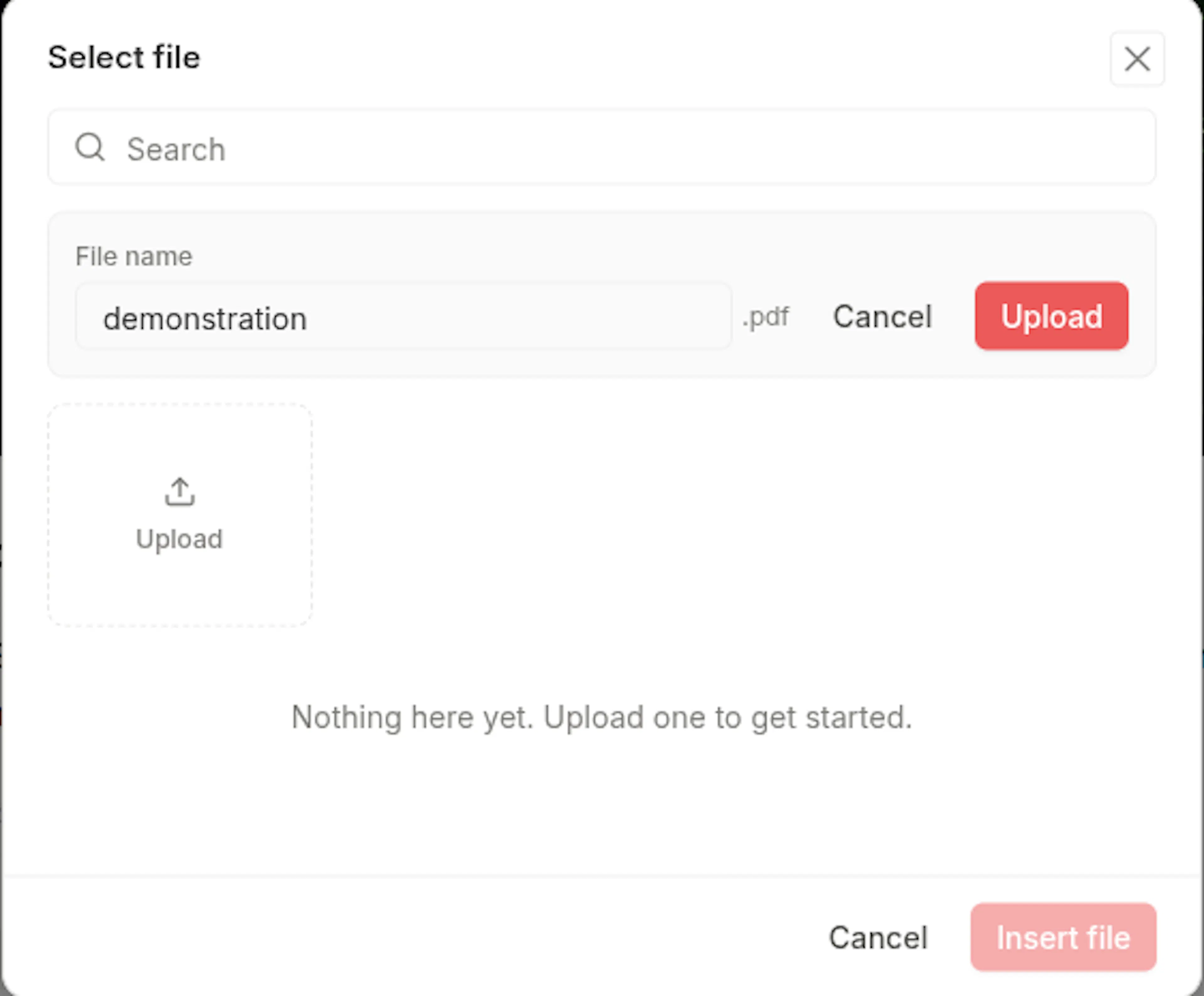 Select file dialog showing the File name field with the fixed .pdf extension and Cancel and Upload buttons before an upload starts