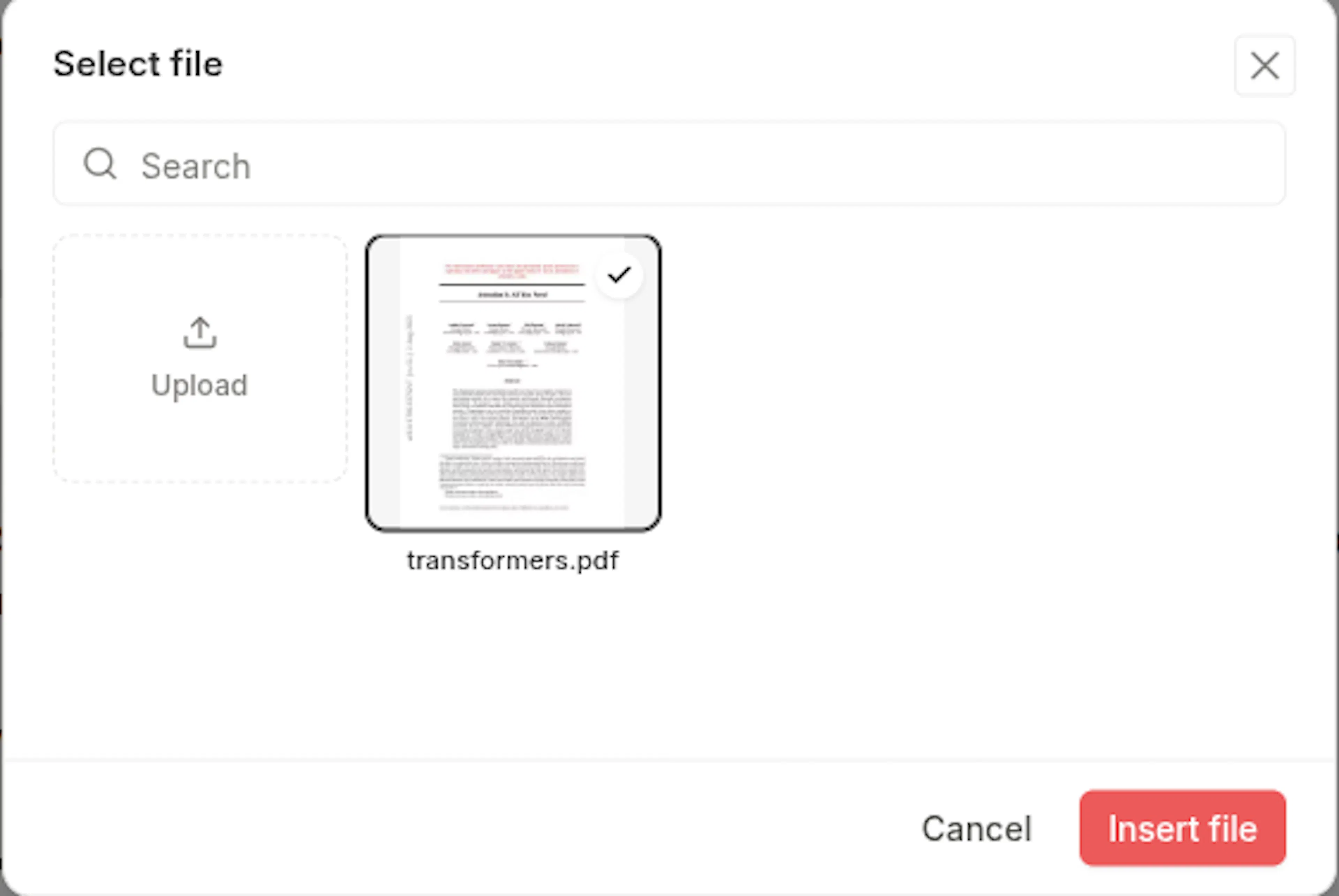 Select file dialog with an Upload tile and a selected PDF named transformers.pdf, with the Insert file button