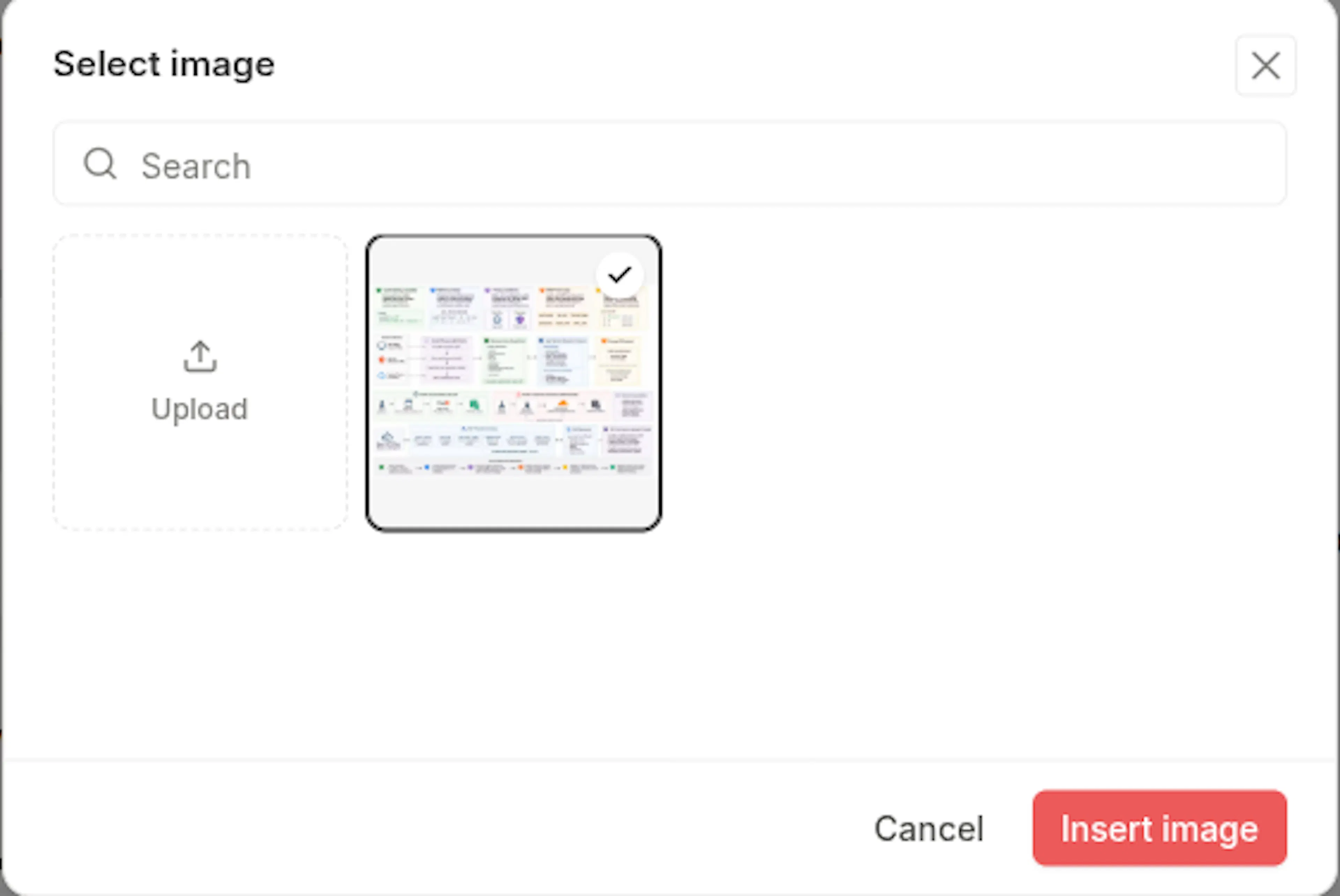 Select image dialog with an Upload tile, a selected image, and the Insert image button