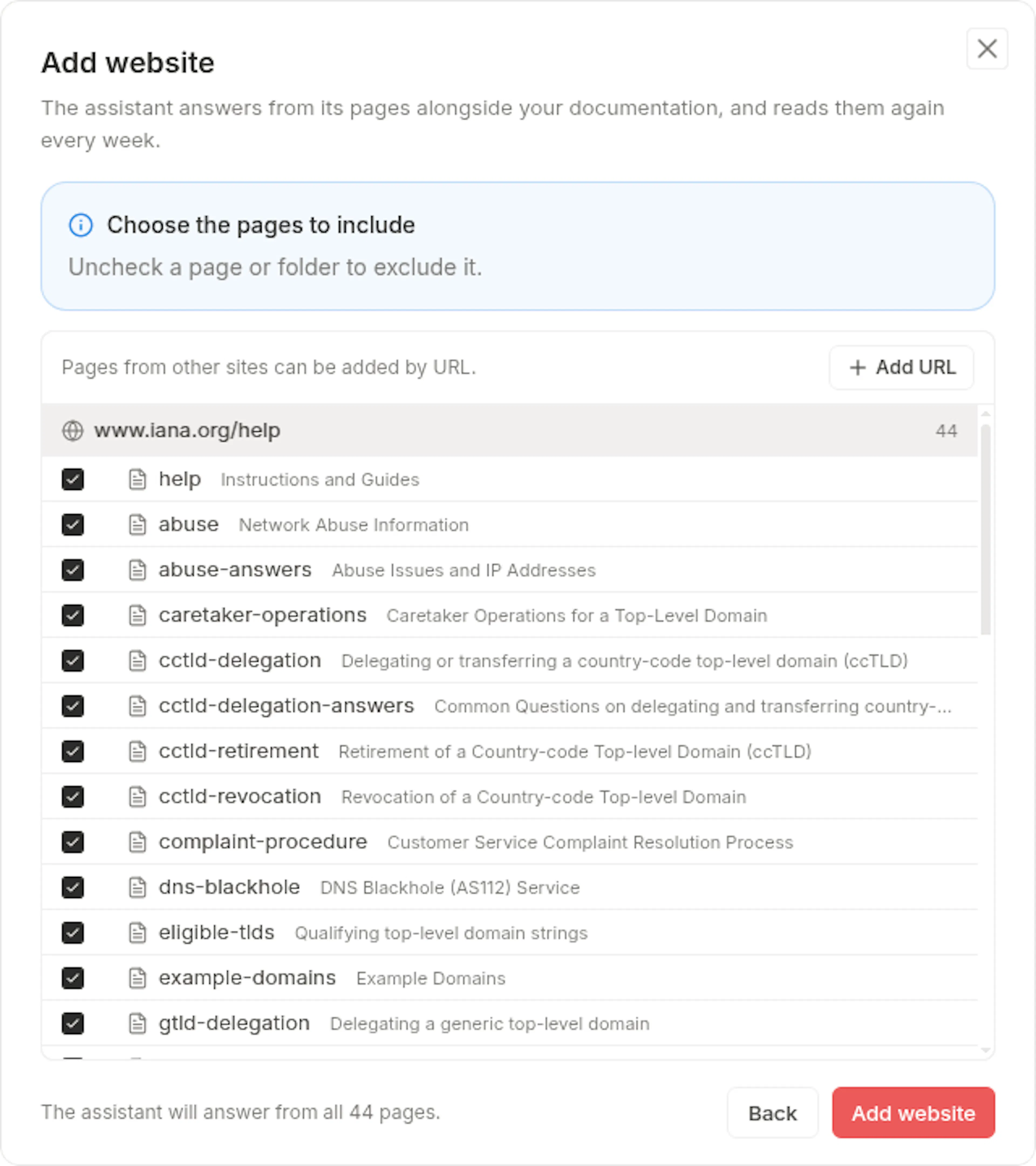 Add website dialog listing the discovered pages in a tree, each with a checkbox, an Add URL button, and an Add website button