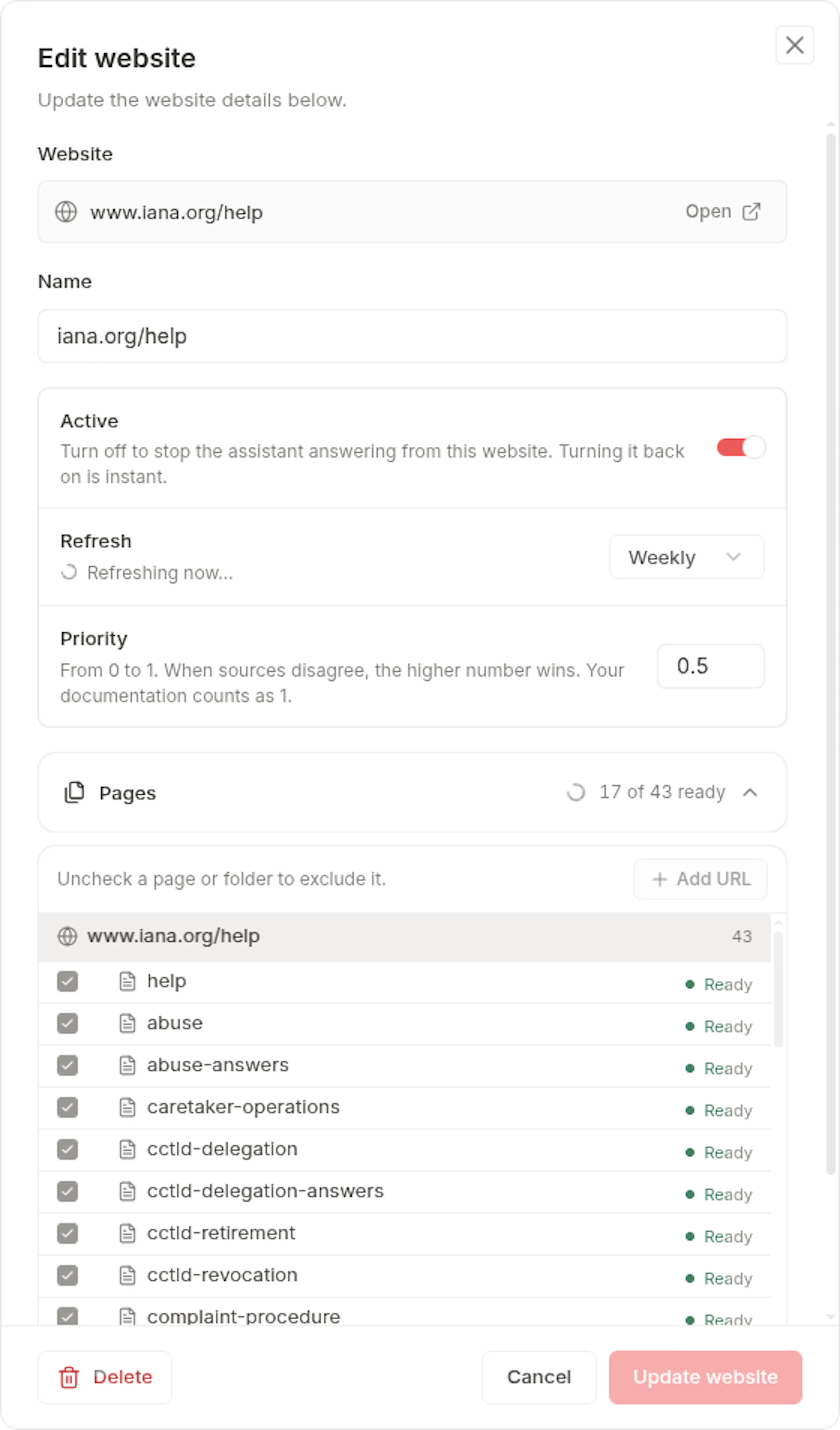Edit website dialog with the website address, name, Active switch, refresh schedule, priority, and the status of each page