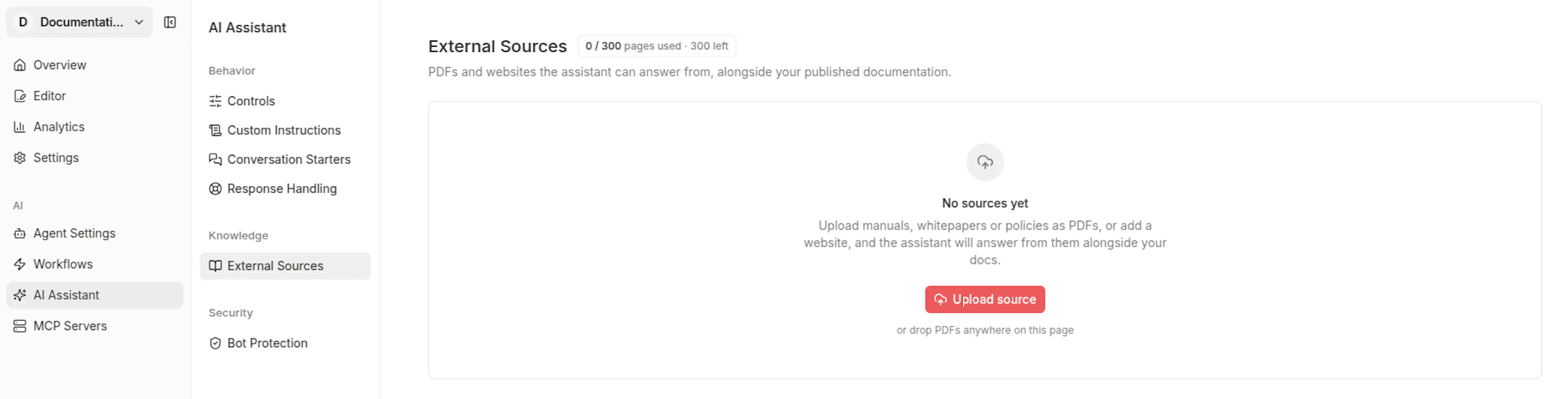 External Sources page in the dashboard, with pages used out of the plan's page budget and an empty state with an Upload source button