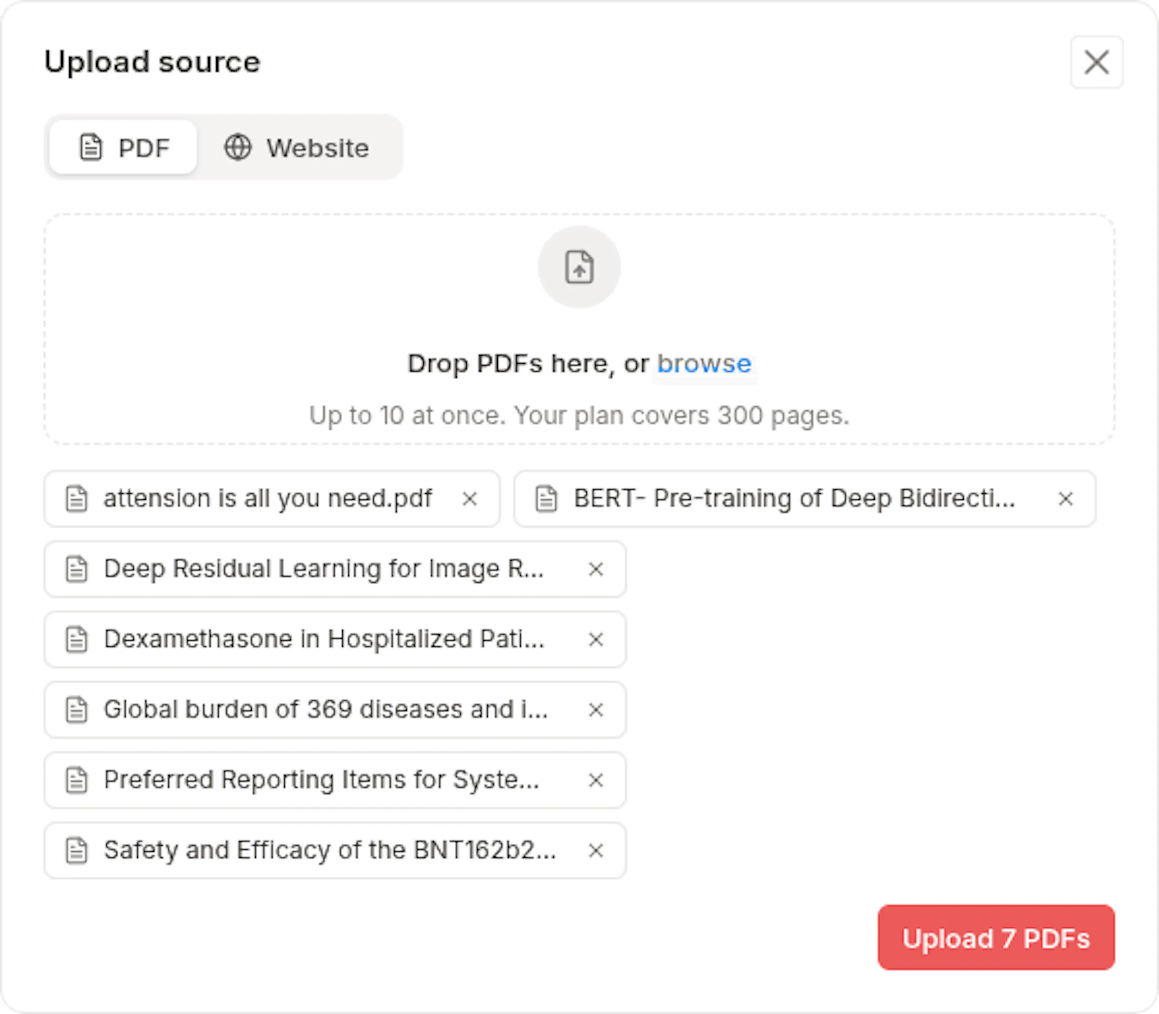 Upload source dialog with seven PDFs chosen, each with a remove button, and an Upload 7 PDFs button