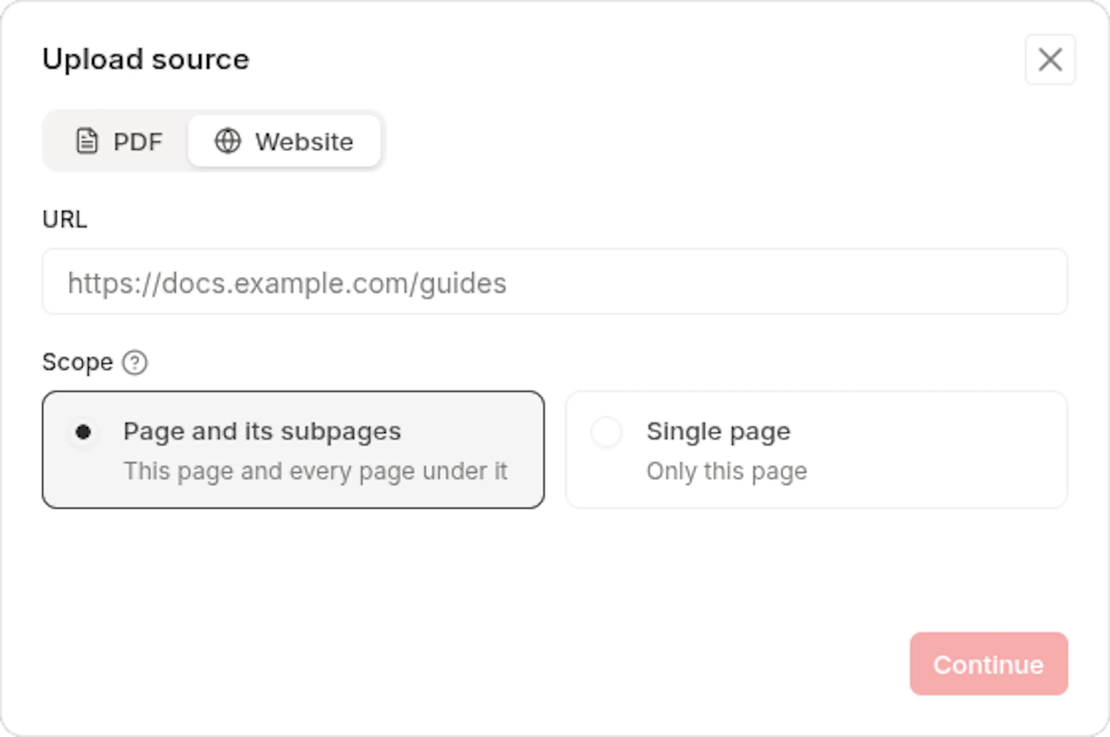 Upload source dialog on the Website tab, with a URL field and the Page and its subpages and Single page scope options