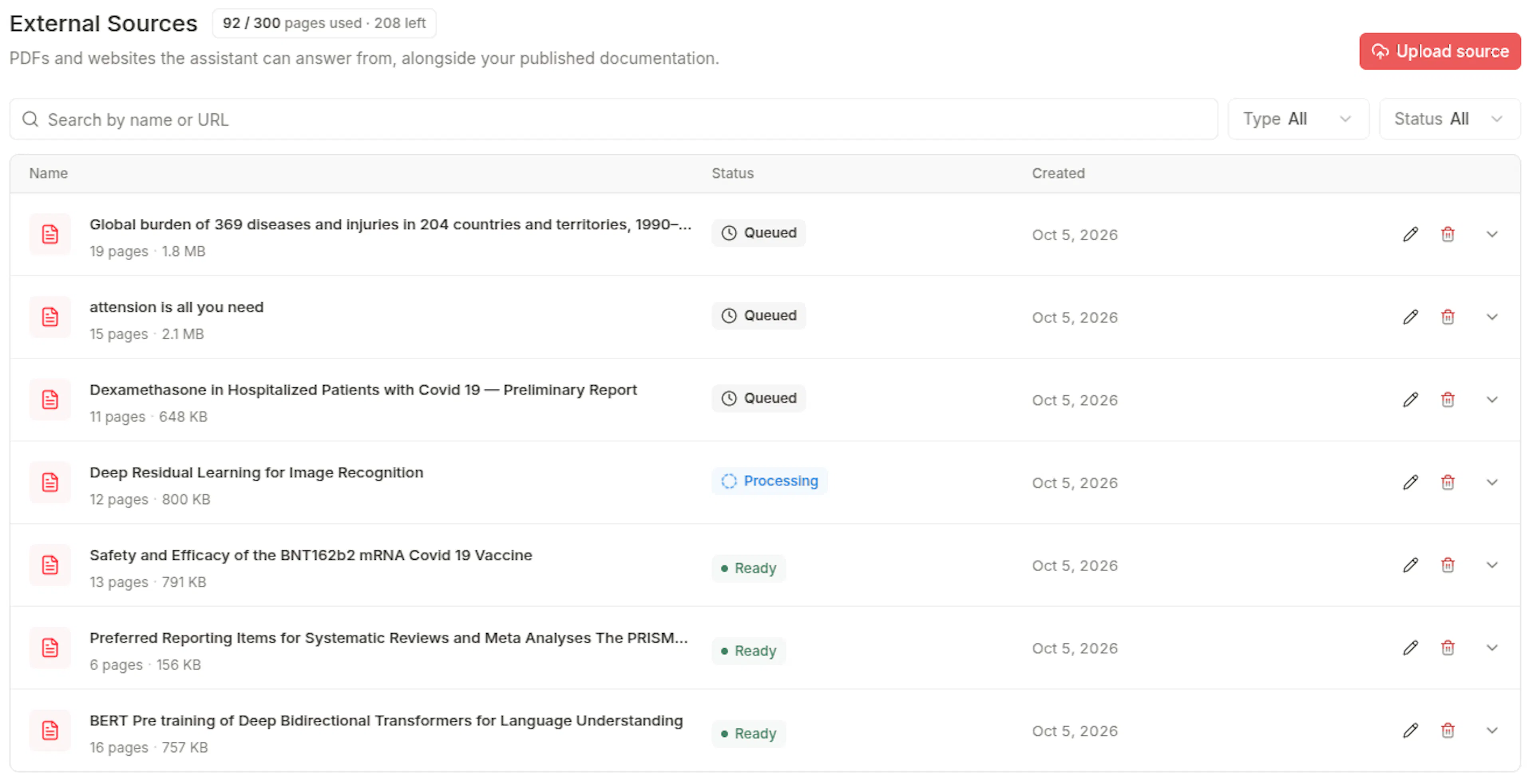 External Sources table with uploaded PDFs, each showing its page count, size, and a Queued, Processing, or Ready status