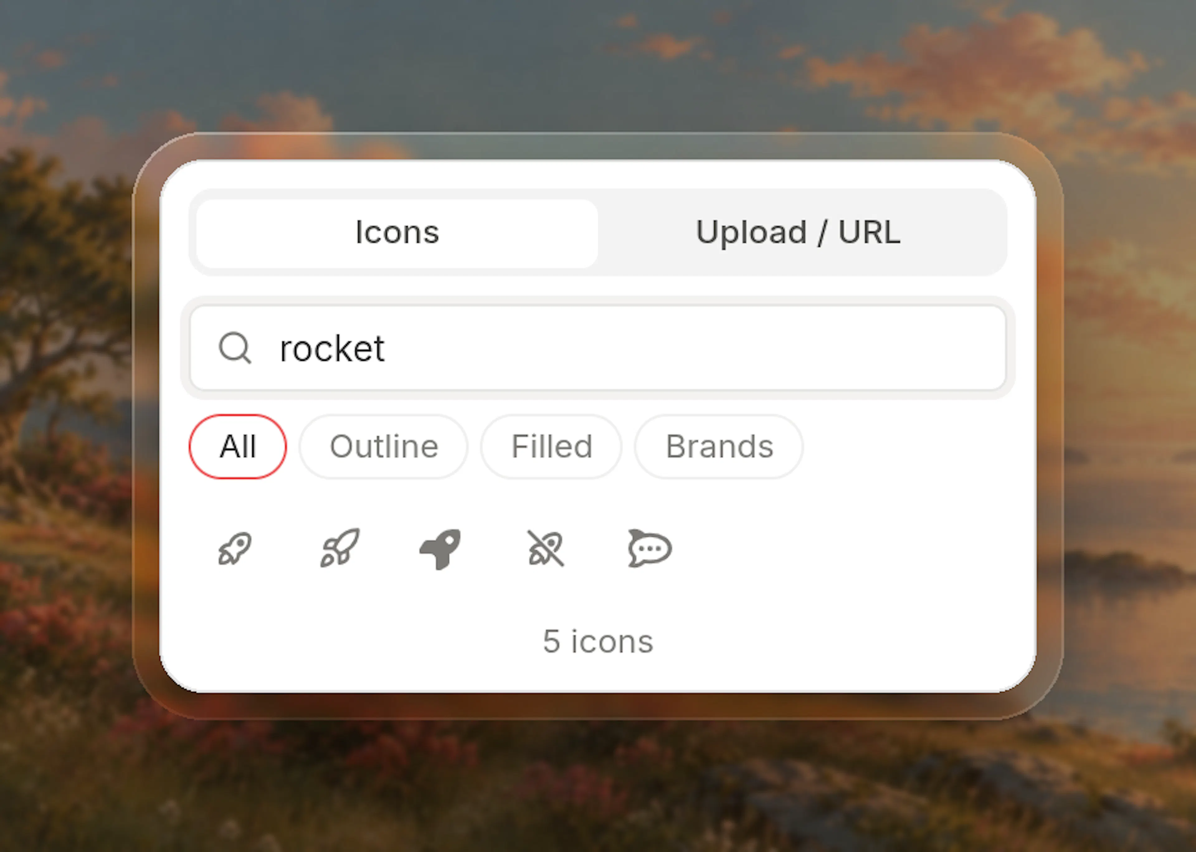 Icons tab of the icon picker searching rocket, with All, Outline, Filled and Brands above rocket icons from Tabler, Lucide and Font Awesome