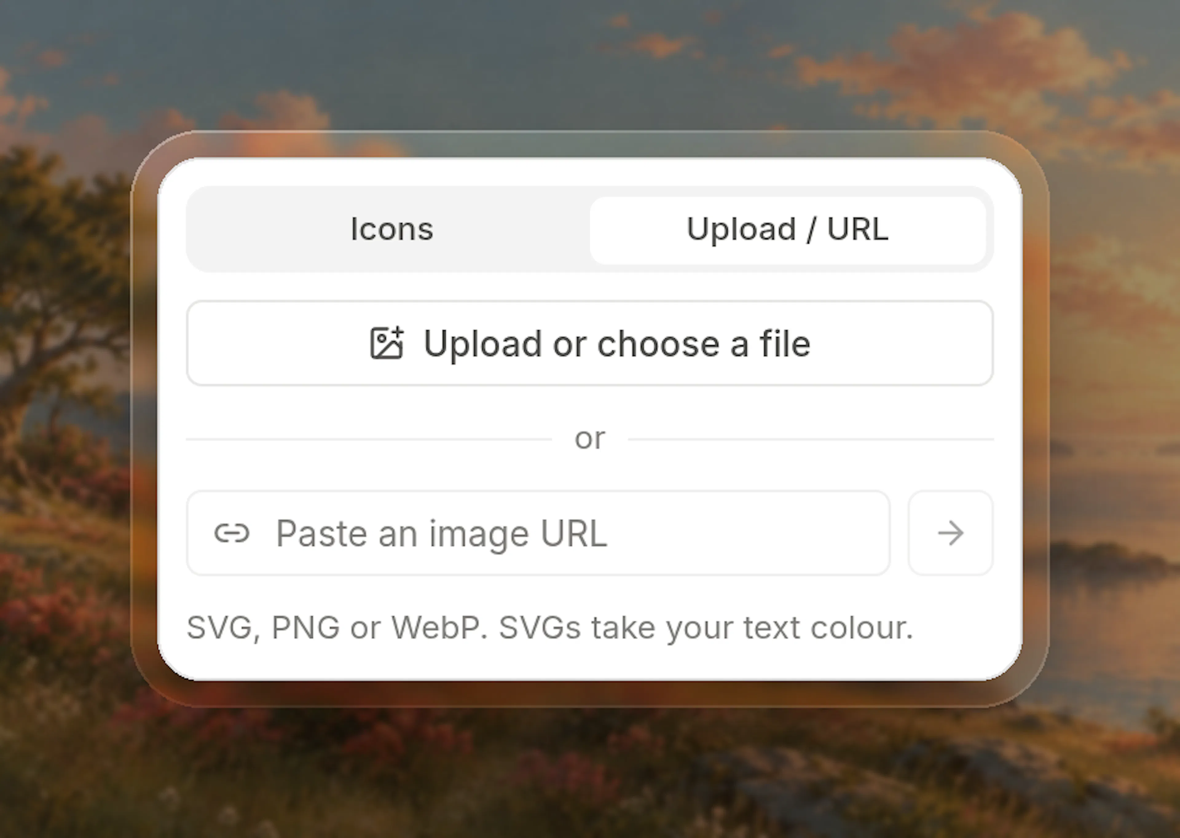Upload / URL tab of the icon picker with an Upload or choose a file button and a Paste an image URL field