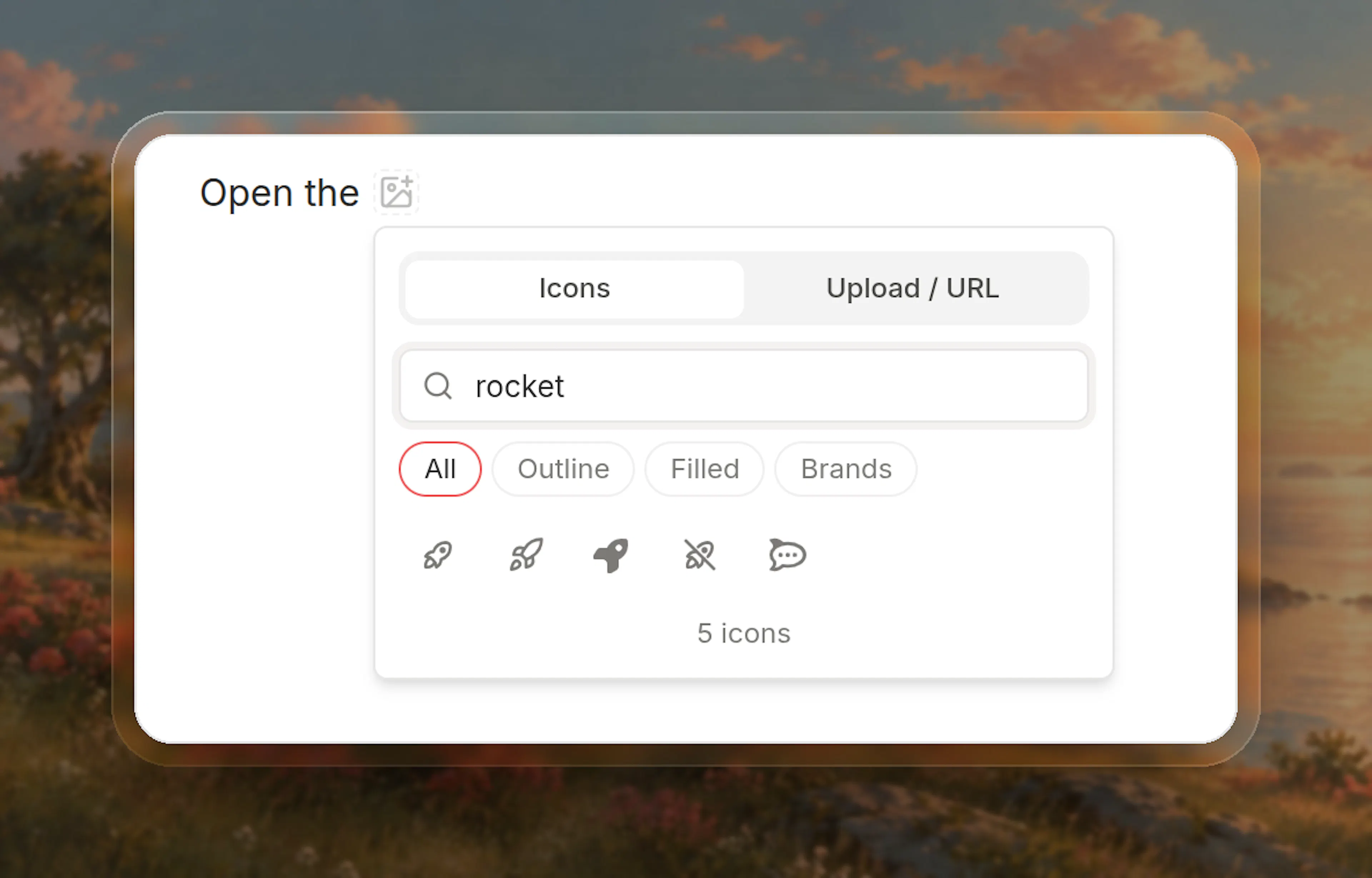 Icon picker open at the cursor in a sentence, searching rocket, with rocket icons from Tabler, Lucide and Font Awesome