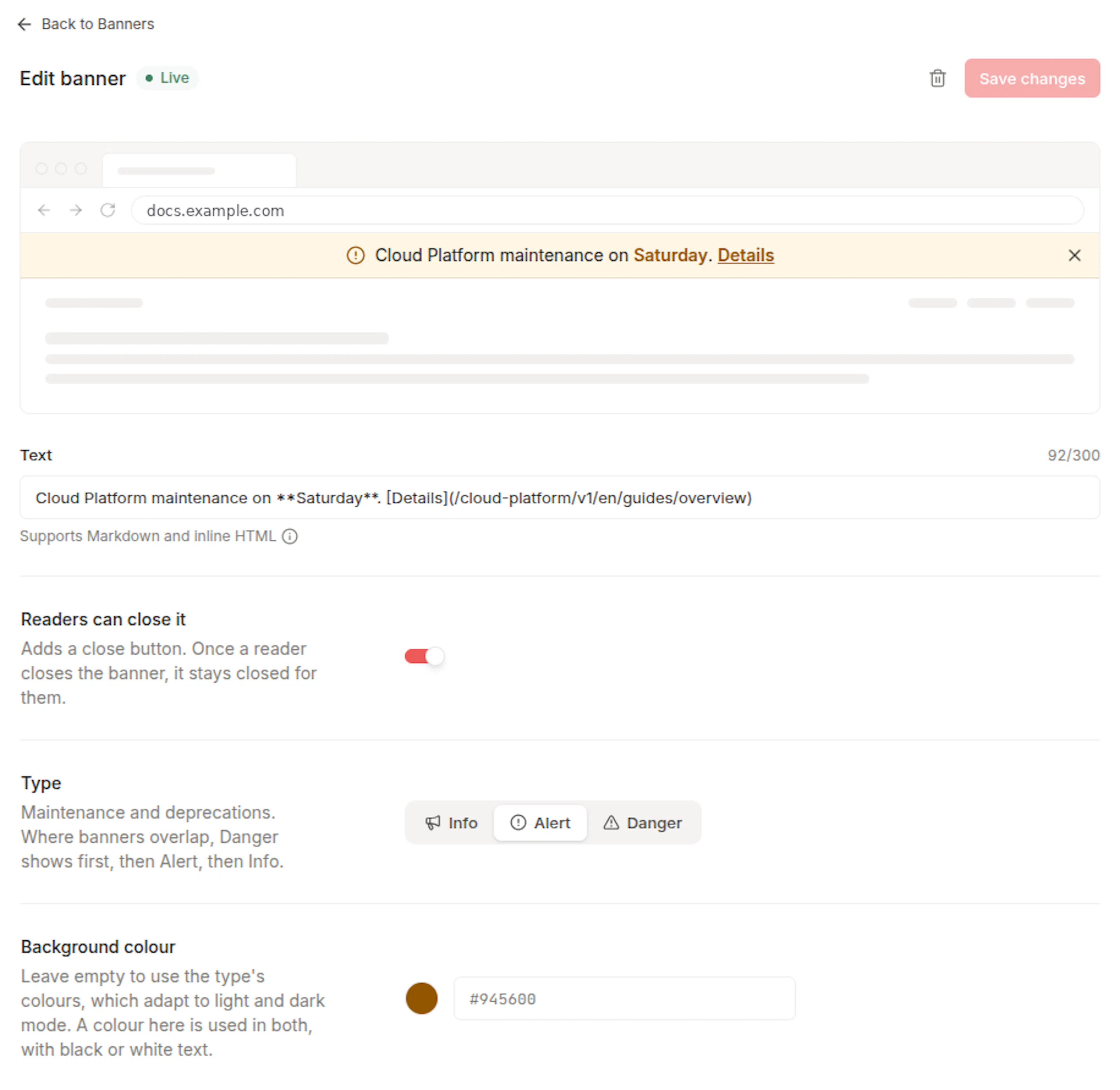 The banner editor with a preview of the banner above the Text, Readers can close it, Type, and Background colour settings