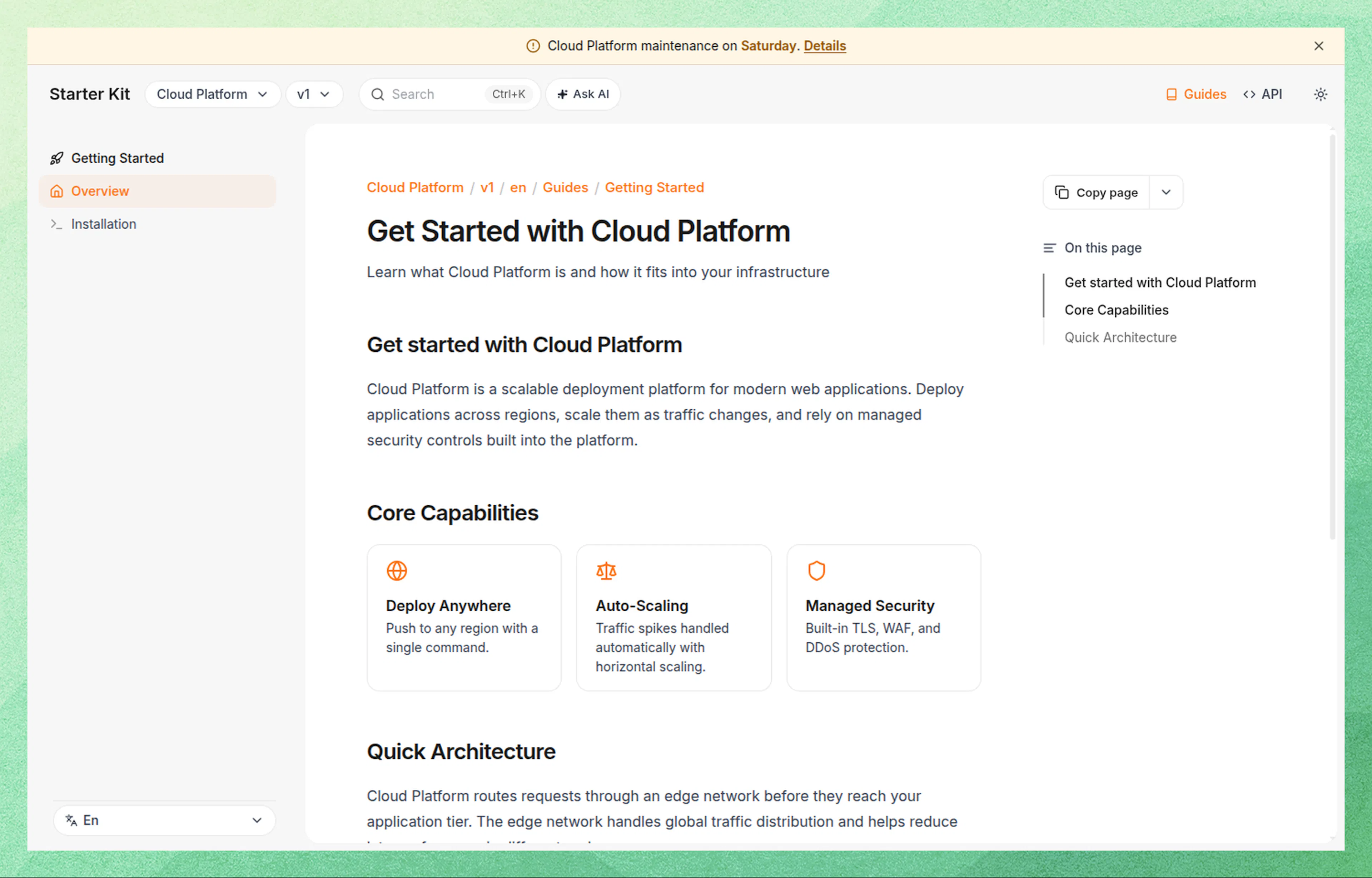 A docs page with an Alert banner across the top that reads Cloud Platform maintenance on Saturday, with a Details link and a close button
