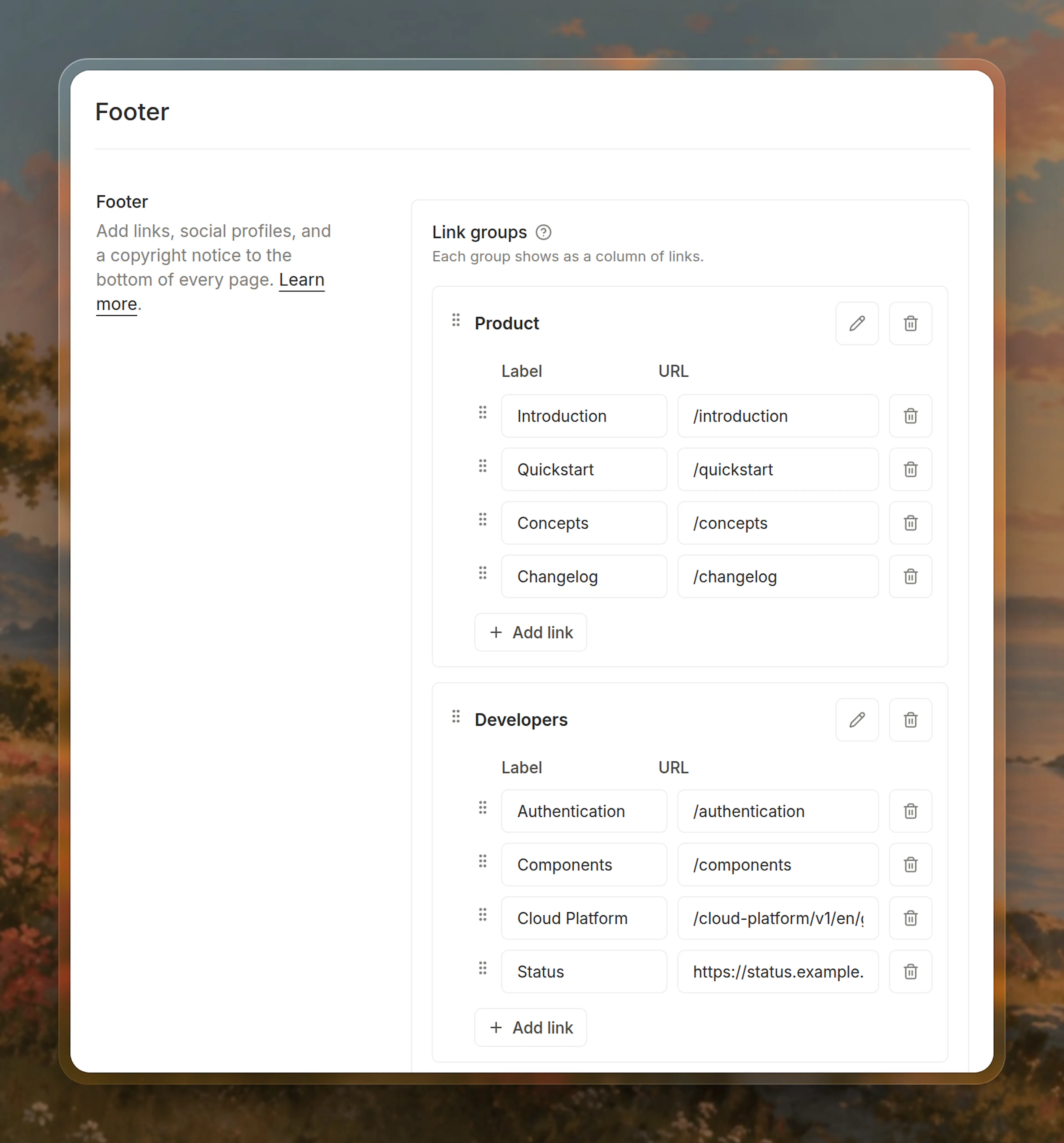 The Footer settings with the Product and Developers link groups, each link a label and a URL