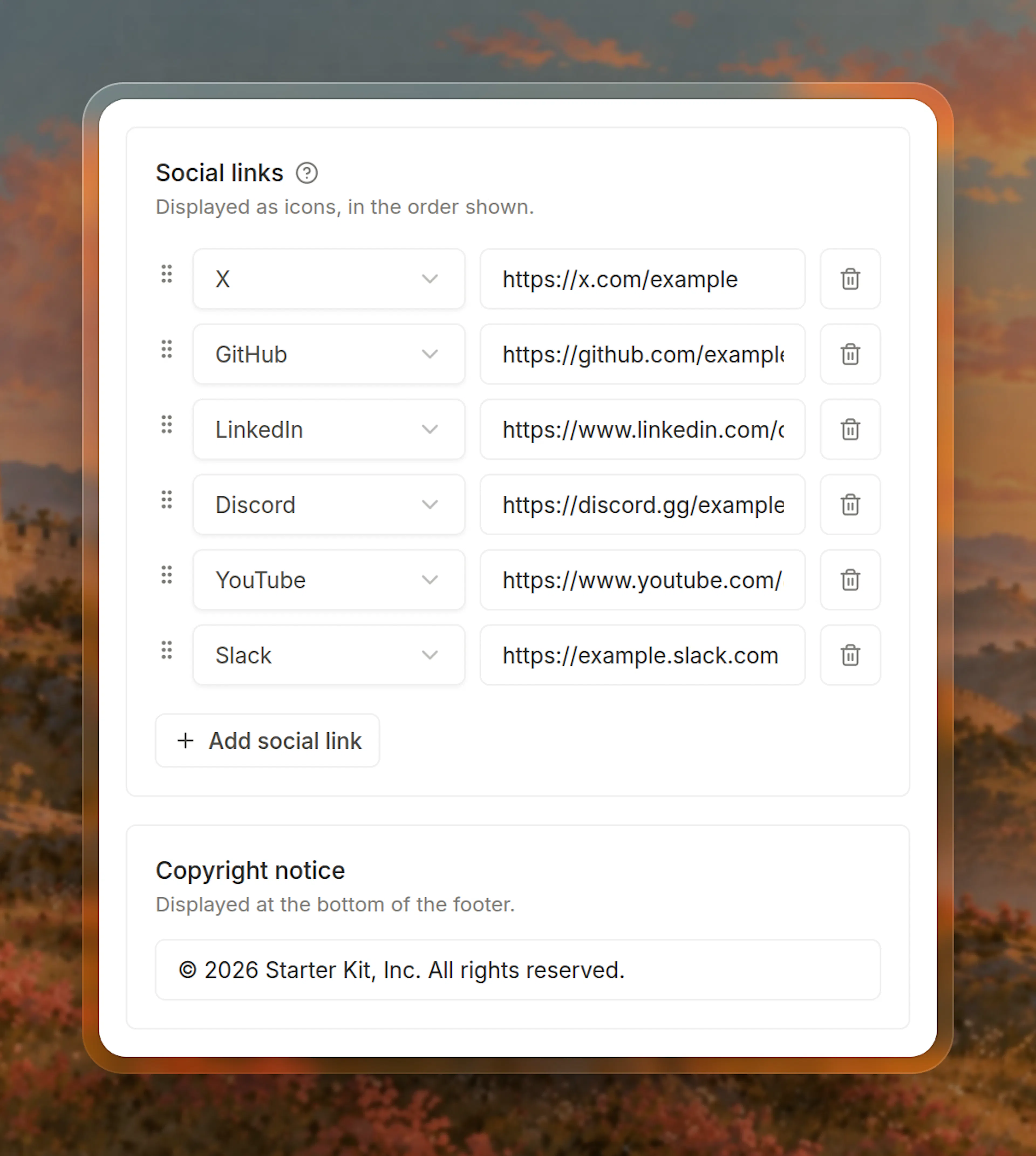 Social links for X, GitHub, LinkedIn, Discord, YouTube and Slack, each a platform and a profile URL, with the Copyright notice field below