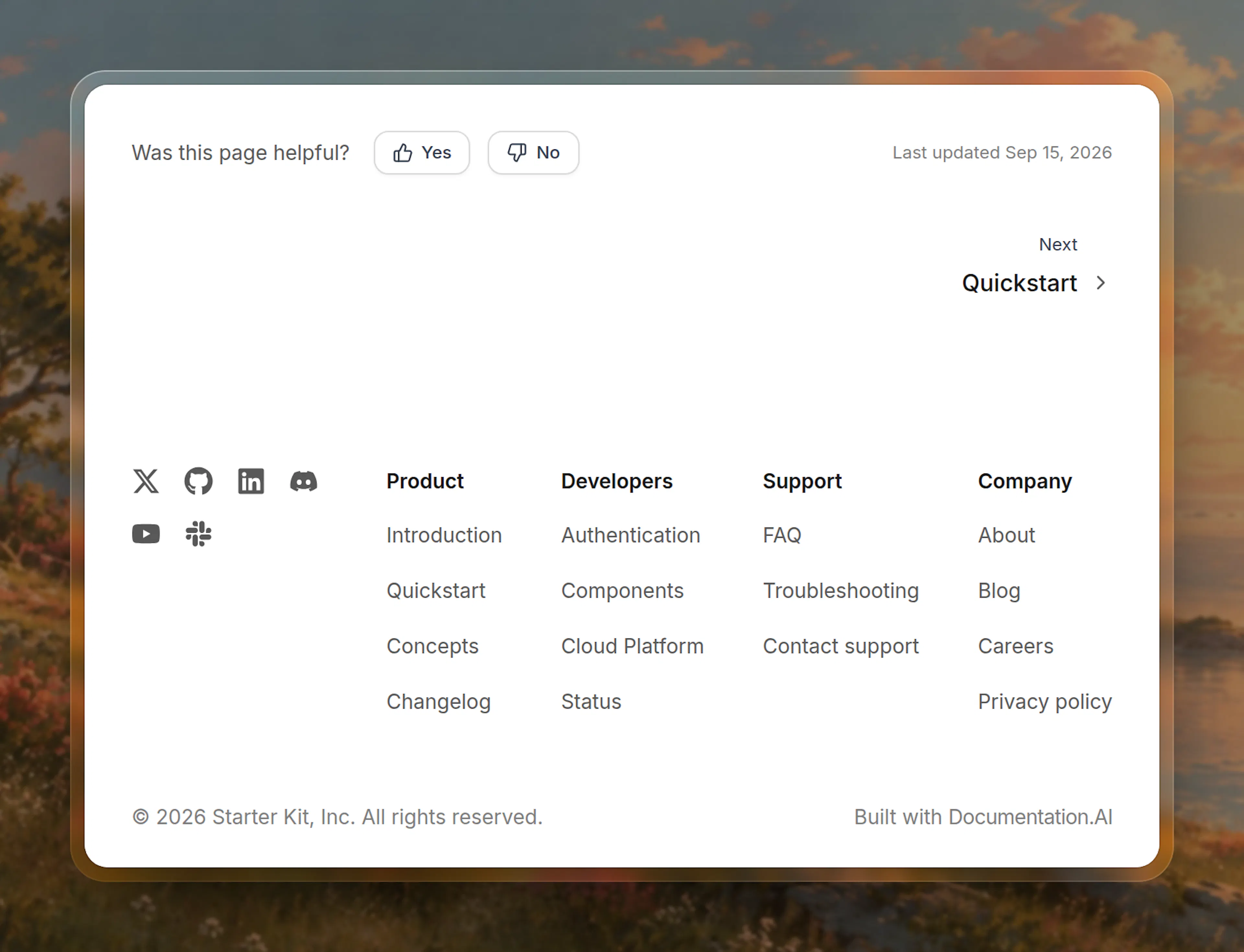 The end of a docs page, below its feedback row and next page link: a footer with icons for X, GitHub, LinkedIn, Discord, YouTube and Slack, link groups headed Product, Developers, Support and Company, and a copyright notice beside the Built with Documentation.AI link
