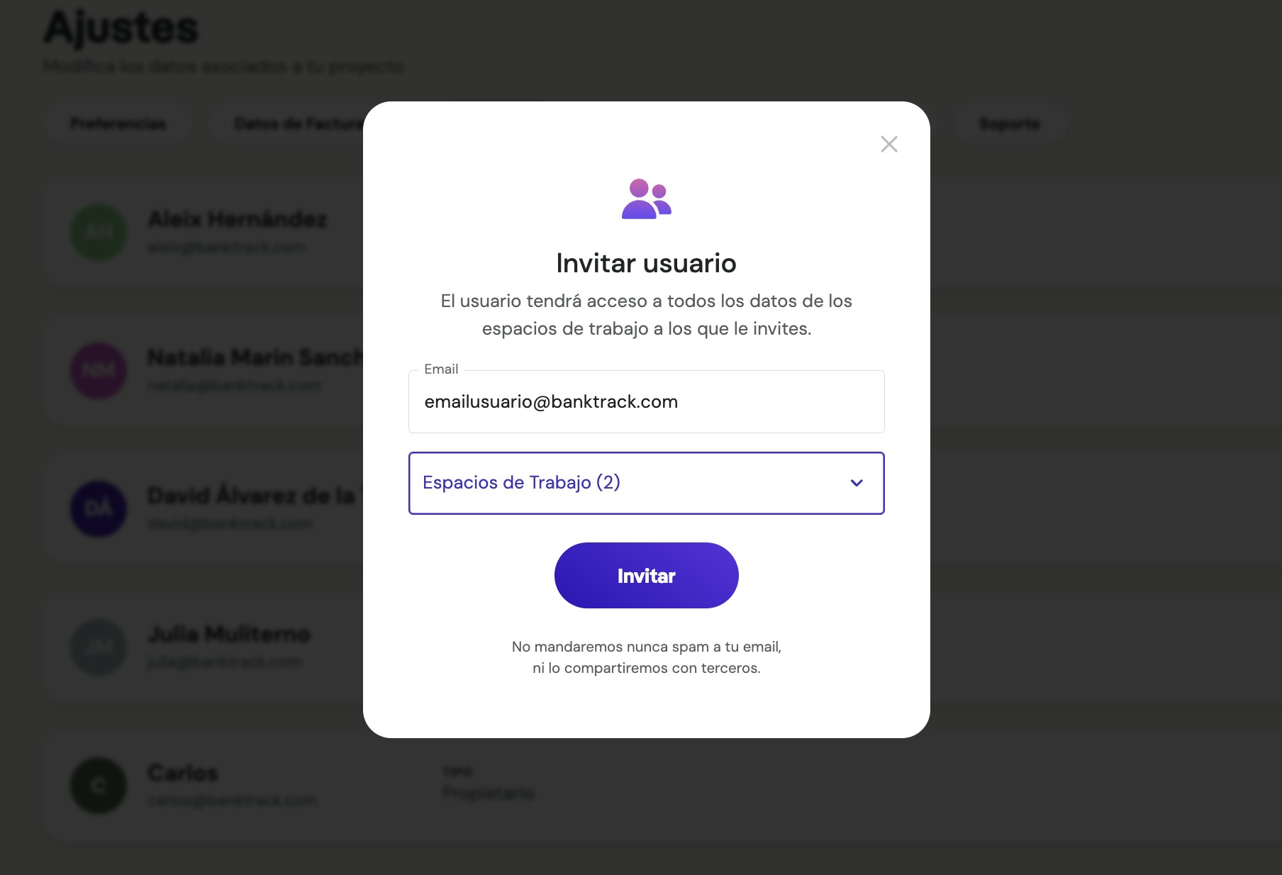 Selección de espacios de trabajo para usuarios invitados