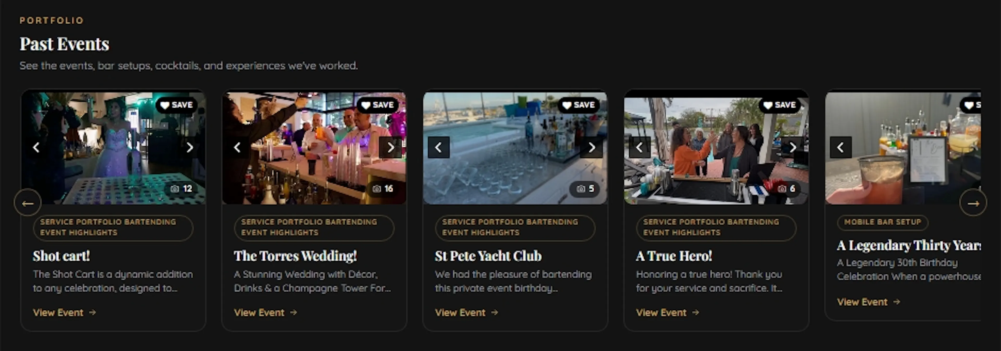 The Past Events portfolio on a FindBartenders member profile, showing five Event Album cards with photos, titles, categories, descriptions, photo counts and View Event links
