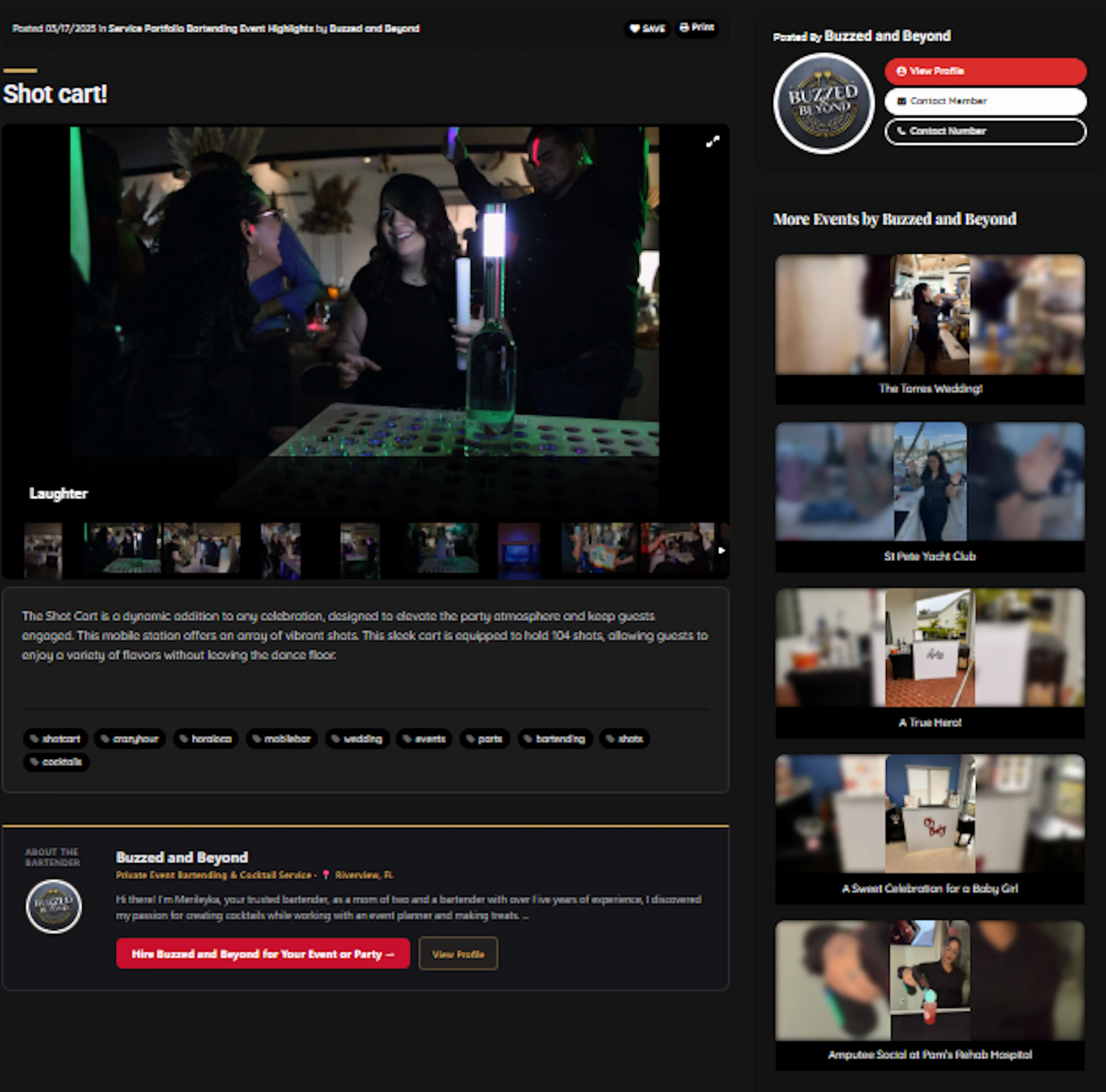 A full Event Album page on FindBartenders: the event title, a main photo with thumbnails, the event description and tags, an About the Bartender box with Hire and View Profile buttons, the member's View Profile and Contact buttons, and a More Events column from the same member