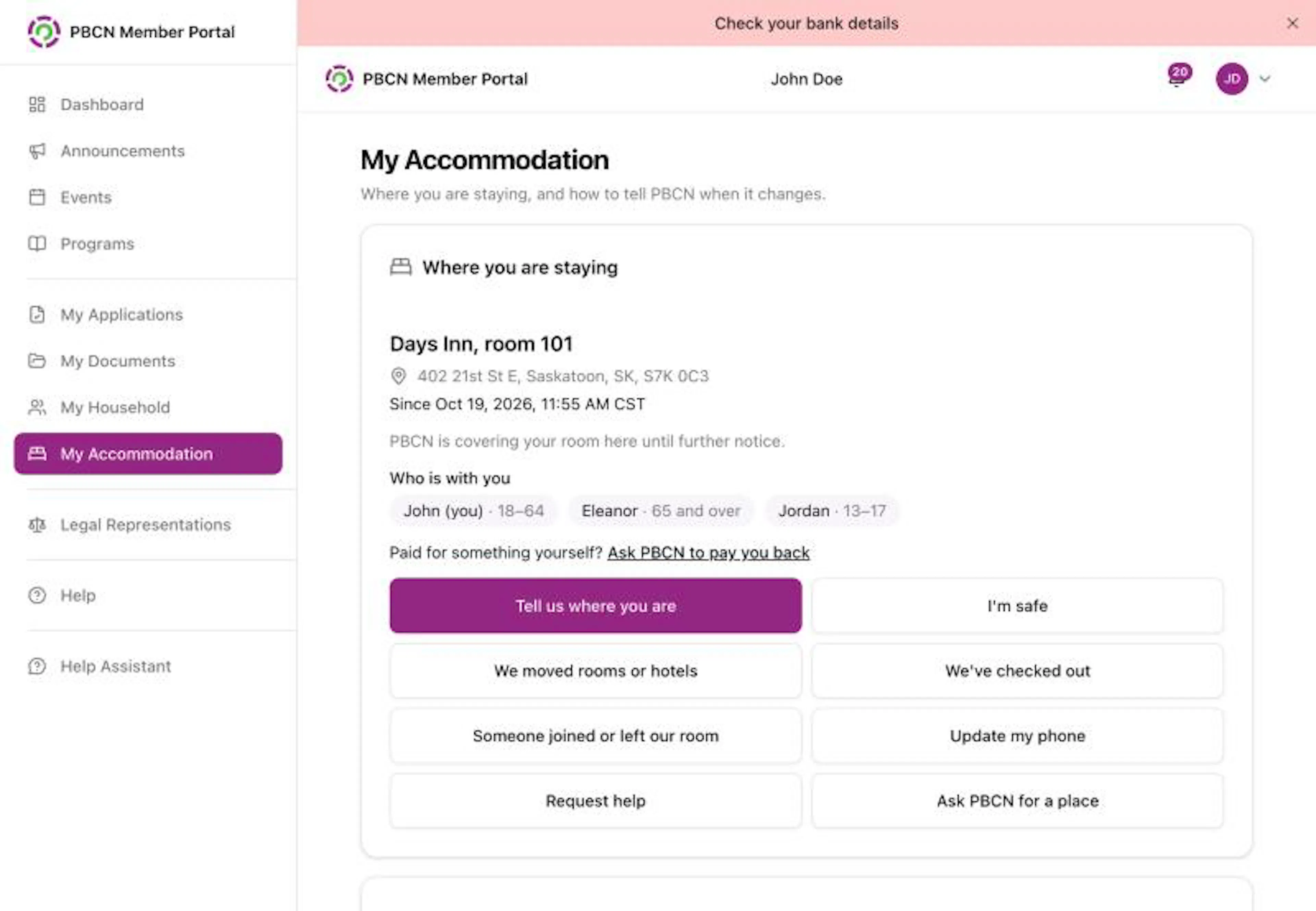 The Where you are staying box on a computer with the place, its address and the date, Who is with you, the Ask PBCN to pay you back link, and the buttons in two columns, starting with the purple Tell us where you are button