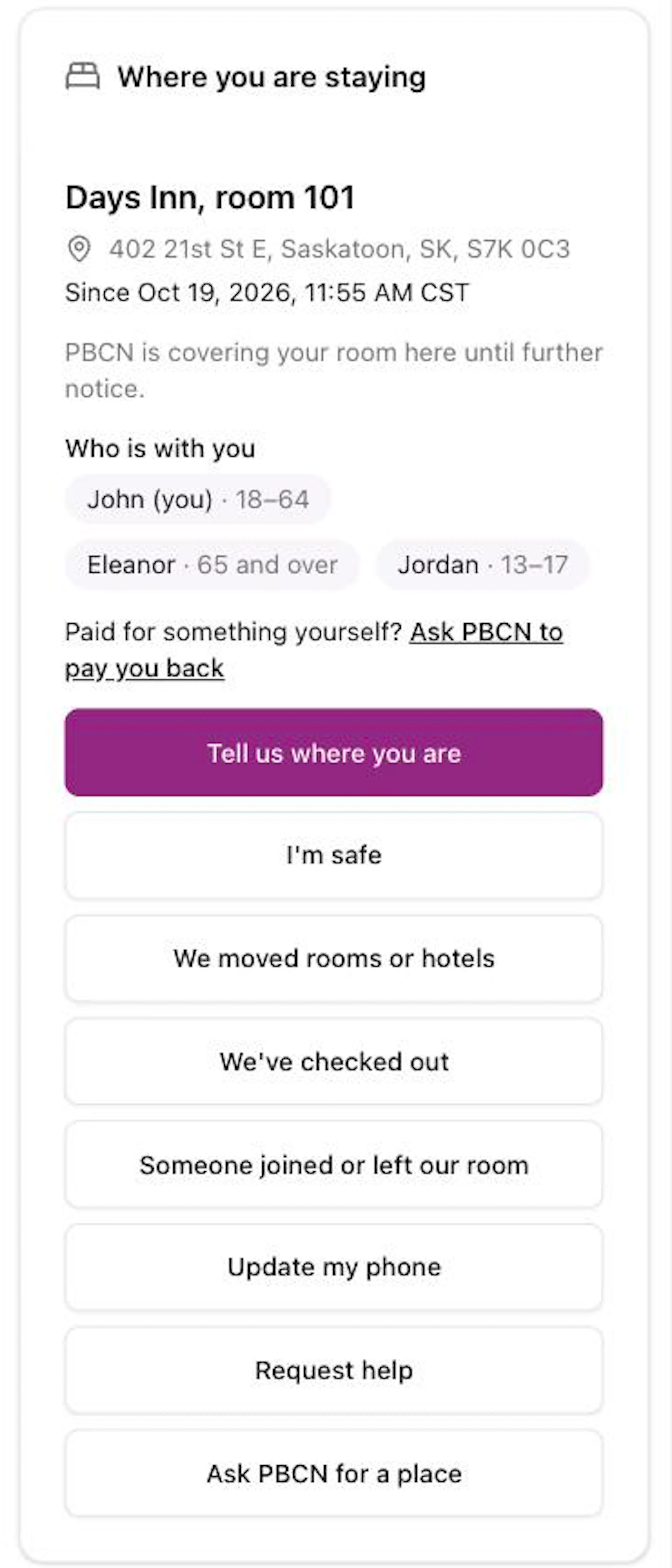 The Where you are staying box on a phone with the place, its address and the date, Who is with you, the Ask PBCN to pay you back link, the purple Tell us where you are button and white buttons such as I'm safe and Ask PBCN for a place