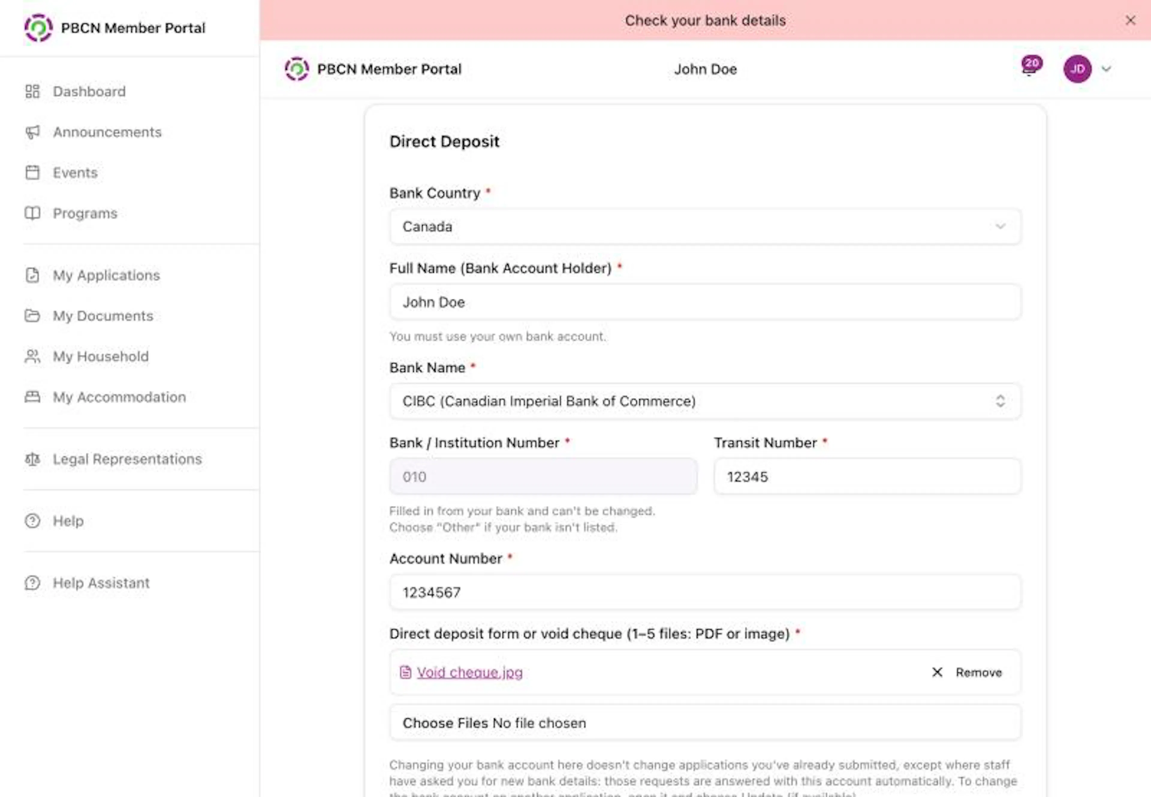The Direct Deposit form on a computer filled in for John Doe with Bank Country, Full Name (Bank Account Holder), Bank Name, Bank / Institution Number, Transit Number, Account Number, one void cheque file with a Remove button, and the Cancel and purple Save Direct Deposit Information buttons