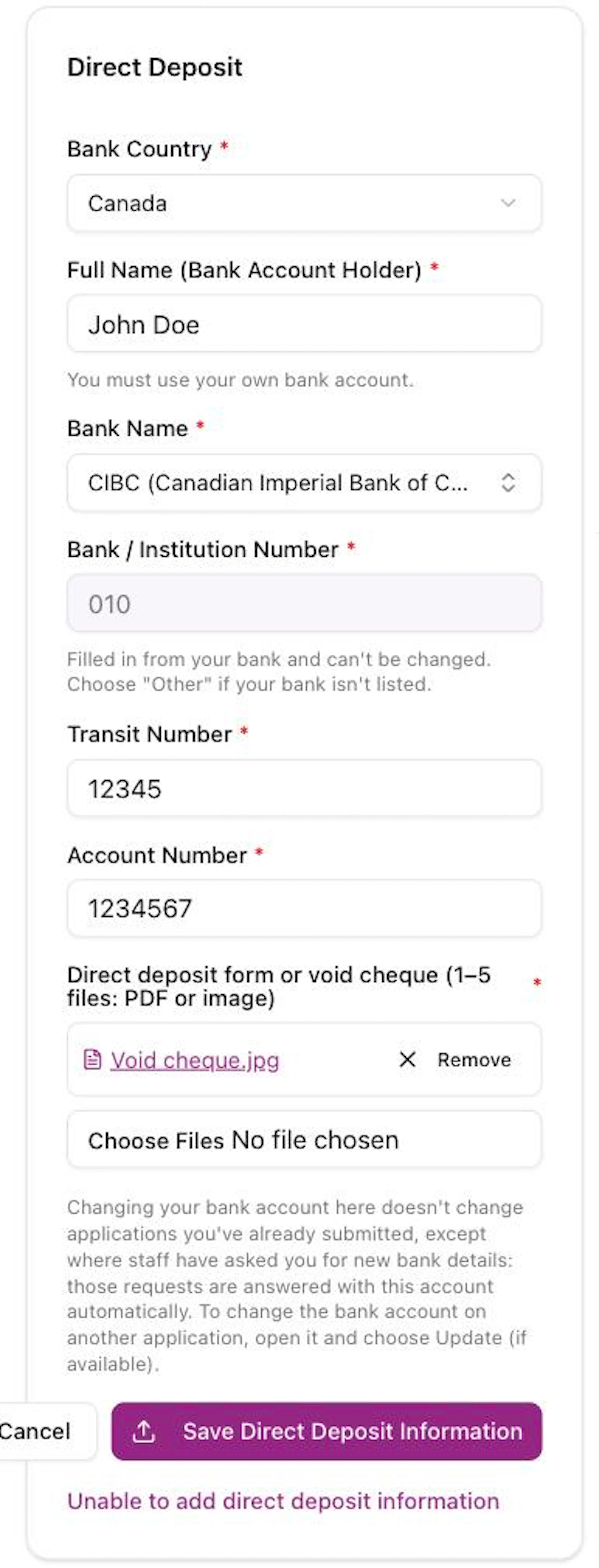 The Direct Deposit form on a phone filled in for John Doe with Bank Country, Full Name (Bank Account Holder), Bank Name, the Bank / Institution Number filled in from the bank, Transit Number, Account Number, one void cheque file with a Remove button, and the purple Save Direct Deposit Information button