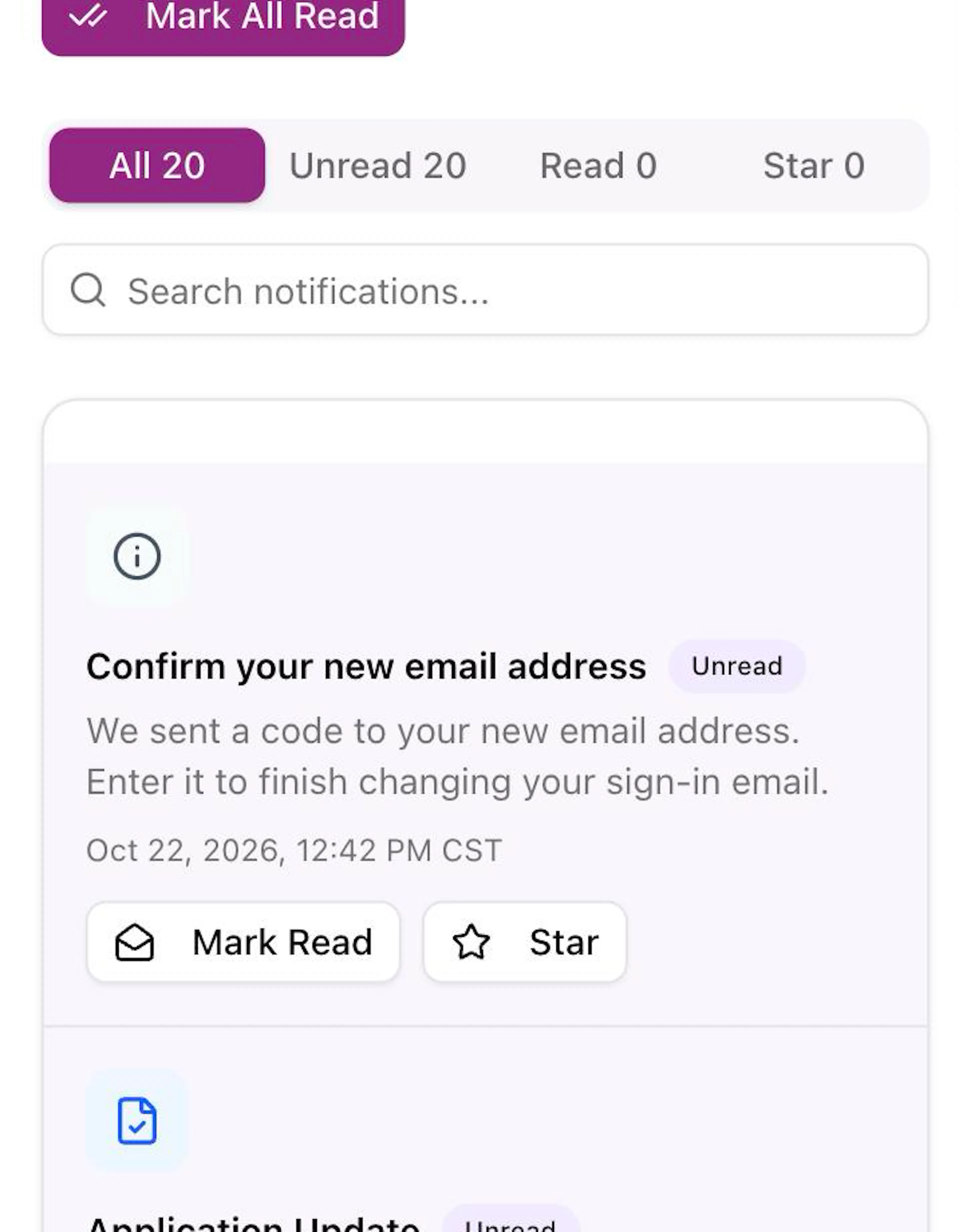 The Notifications page on a phone with the purple Mark All Read button, the All, Unread, Read and Star buttons with counts, the Search notifications box, and an unread notification with its date and time and the white Mark Read and Star buttons