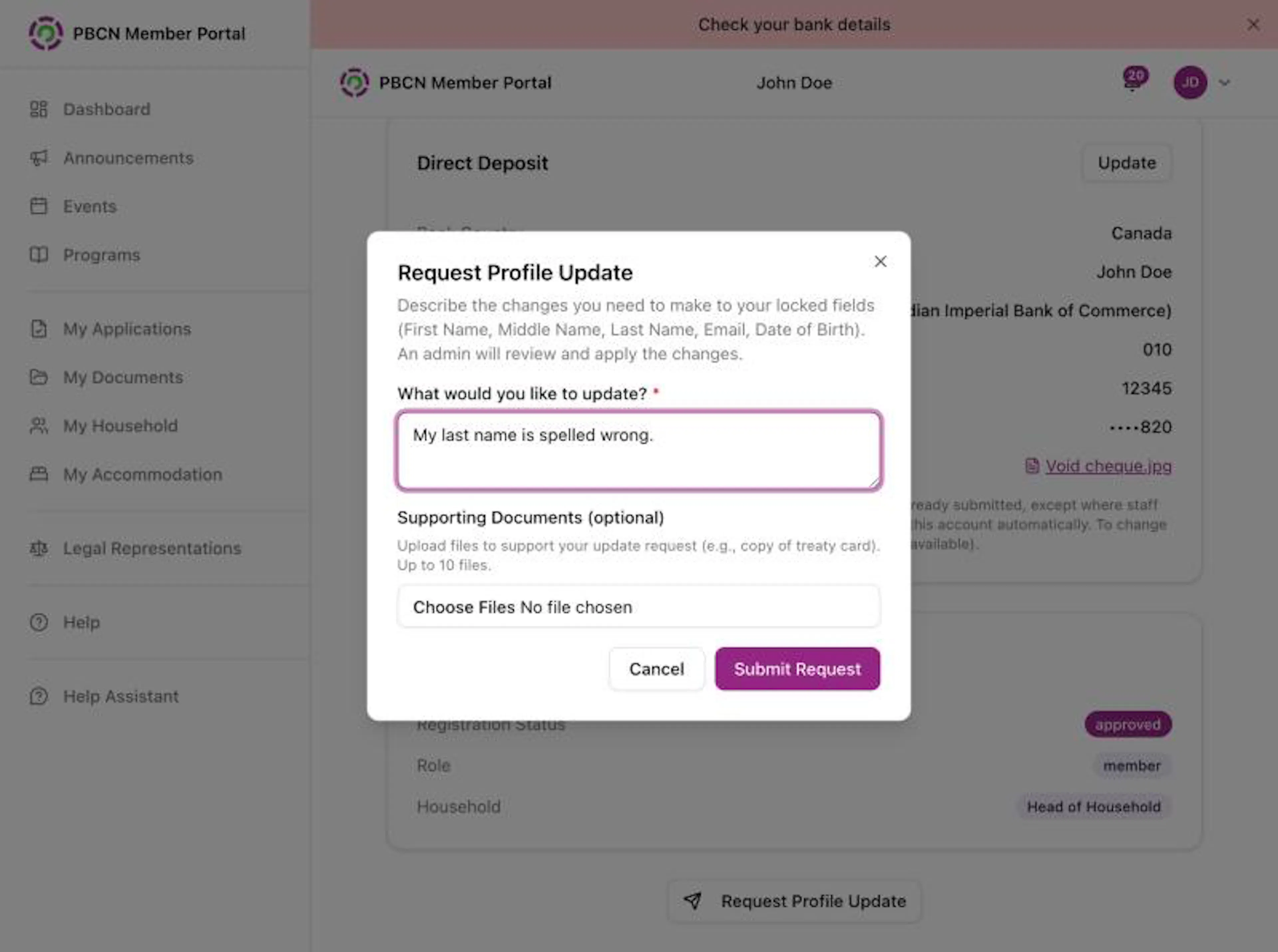 The Request Profile Update box on a computer with My last name is spelled wrong. typed under What would you like to update?, the Supporting Documents (optional) file button, and the white Cancel and purple Submit Request buttons