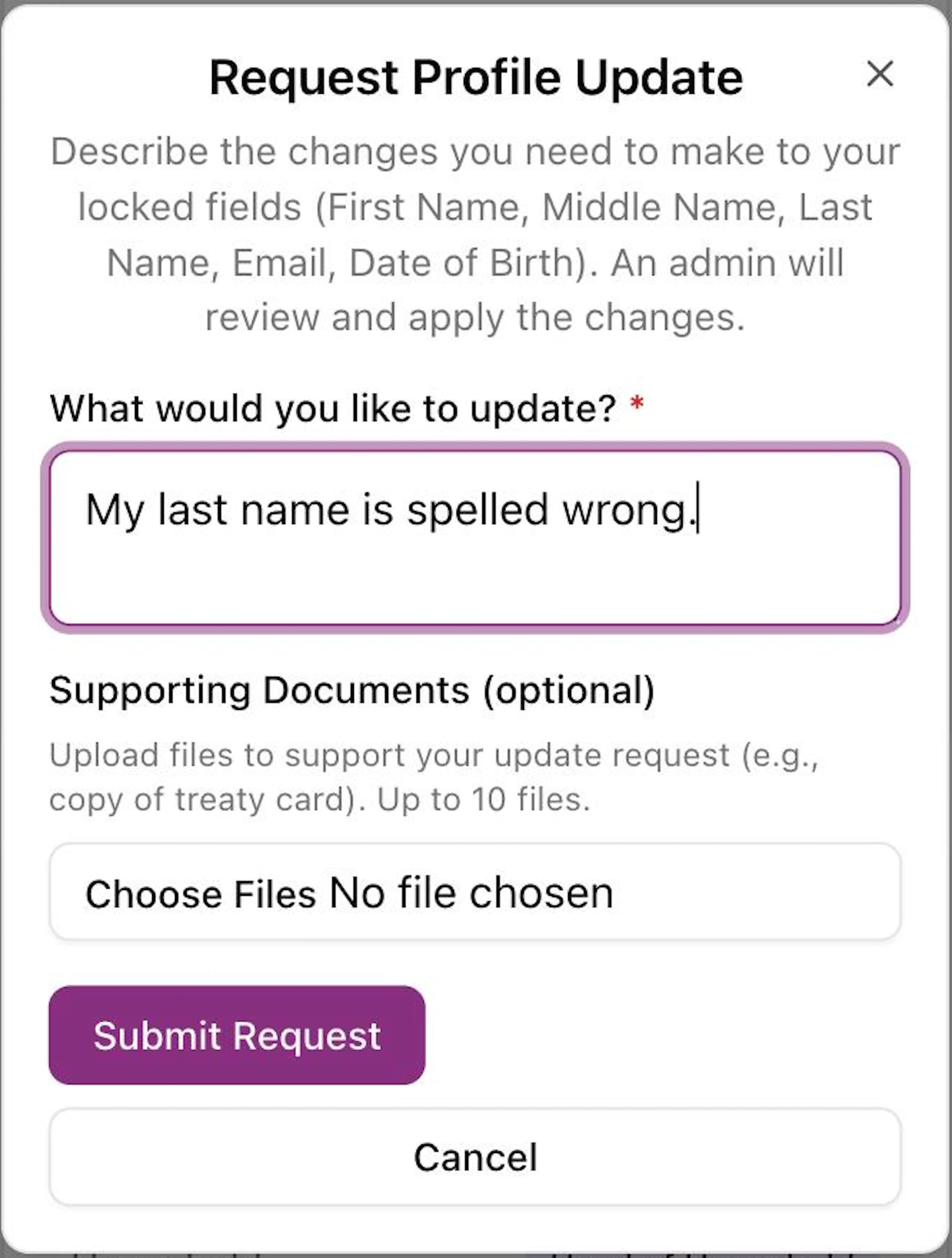 The Request Profile Update box on a phone with My last name is spelled wrong. typed under What would you like to update?, the Supporting Documents (optional) file button, the purple Submit Request button and the white Cancel button