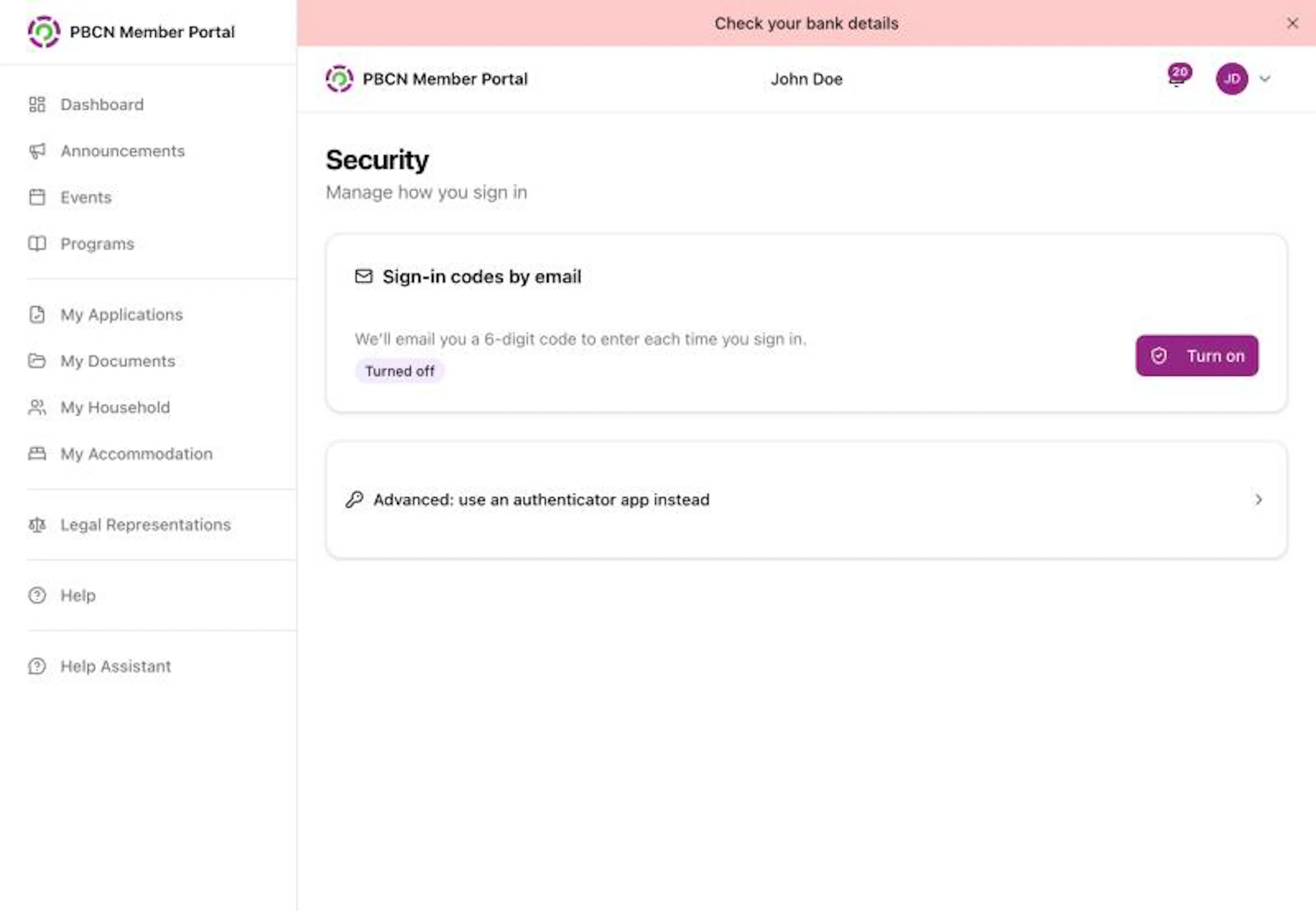 The Security page on a computer with the Sign-in codes by email box showing the Turned off label and the purple Turn on button on the right, and the Advanced: use an authenticator app instead row below