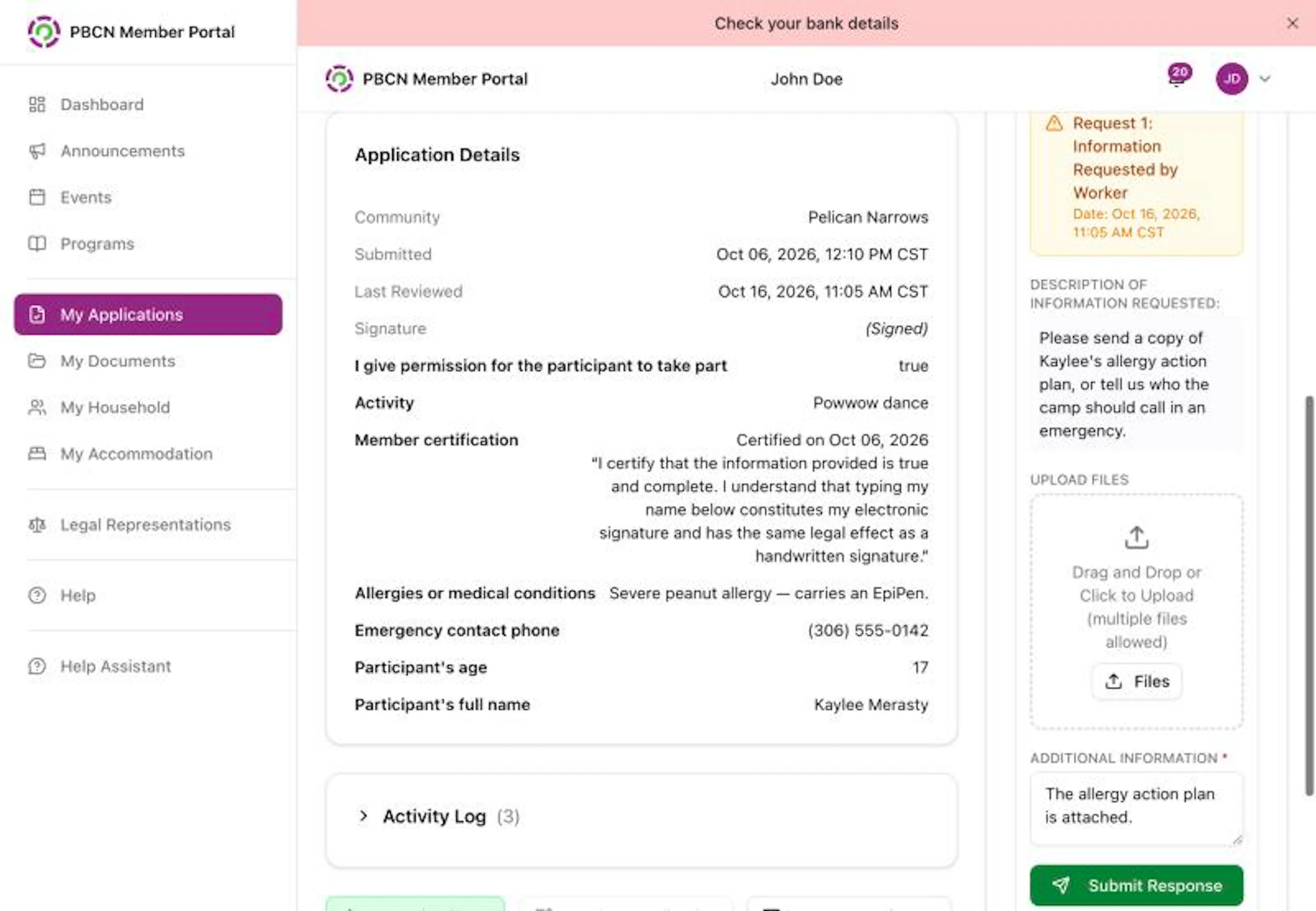 The Information Requests panel on a computer with 1 pending request: the request date, the description, the Upload Files area with the Files button, an answer typed under Additional Information, and the green Submit Response button