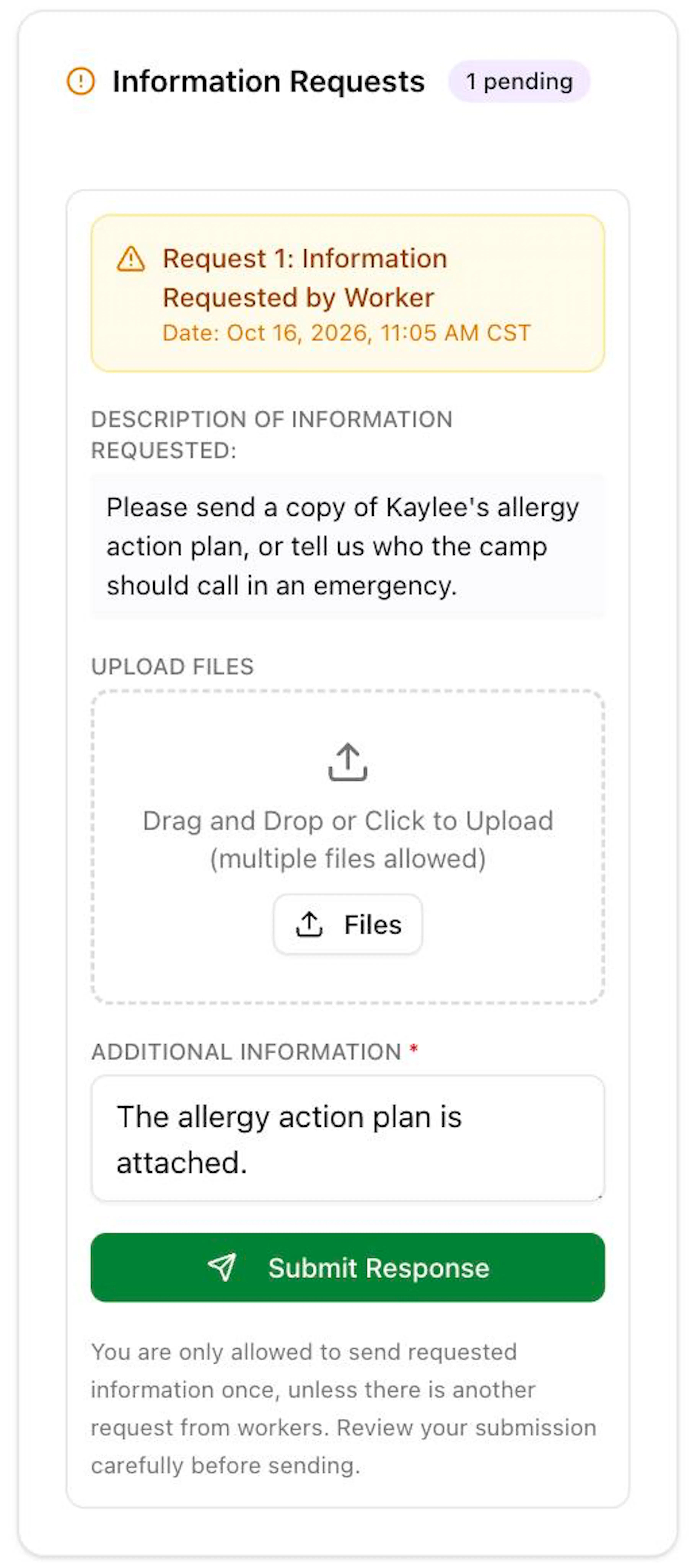The Information Requests panel on a phone with 1 pending request: the request date, the description of the information requested, the Upload Files area with the Files button, an answer typed under Additional Information, and the green Submit Response button