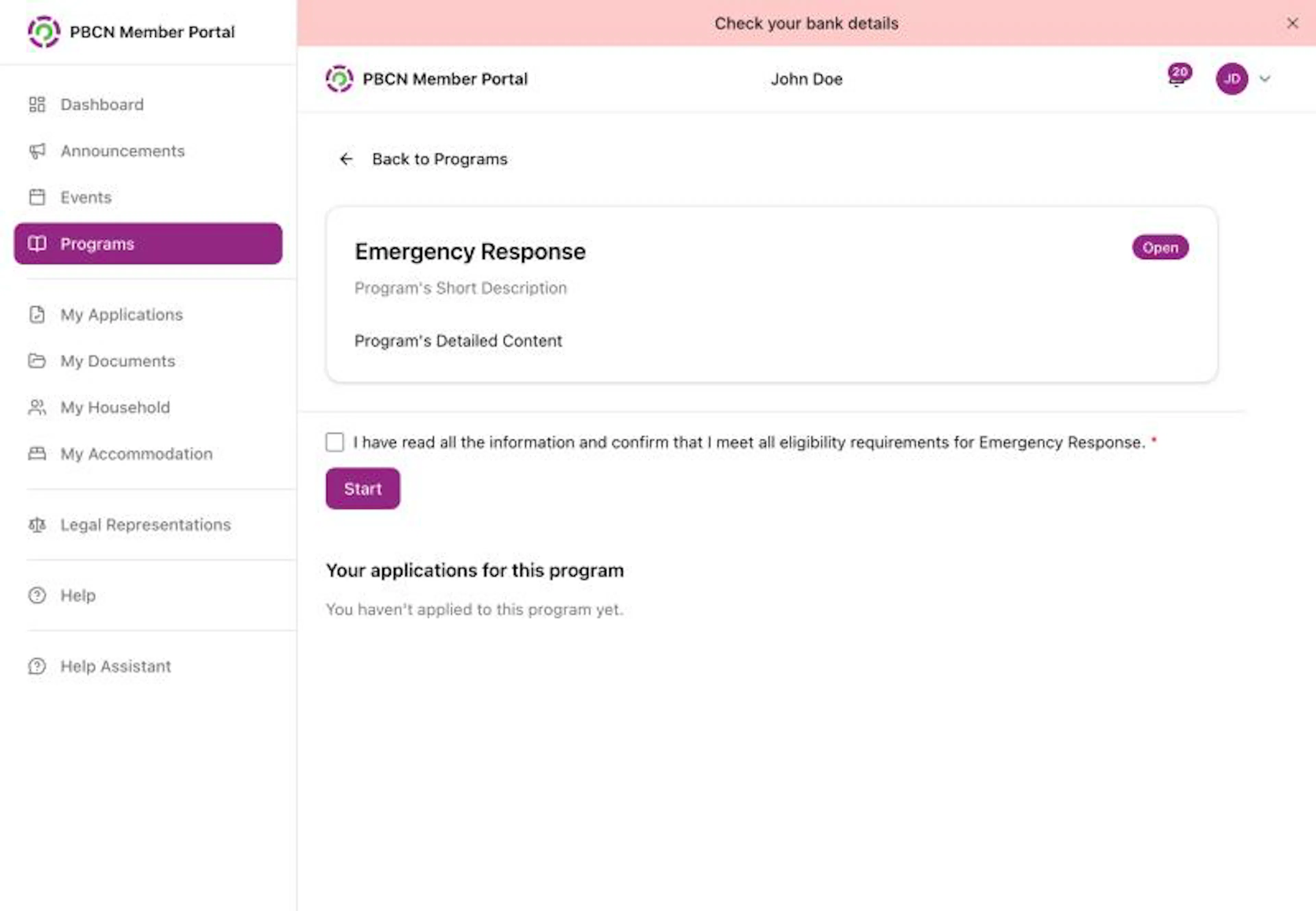 A program page on a computer with Back to Programs, the program name and the purple Open label, the program description, the checkbox, the purple Start button and Your applications for this program