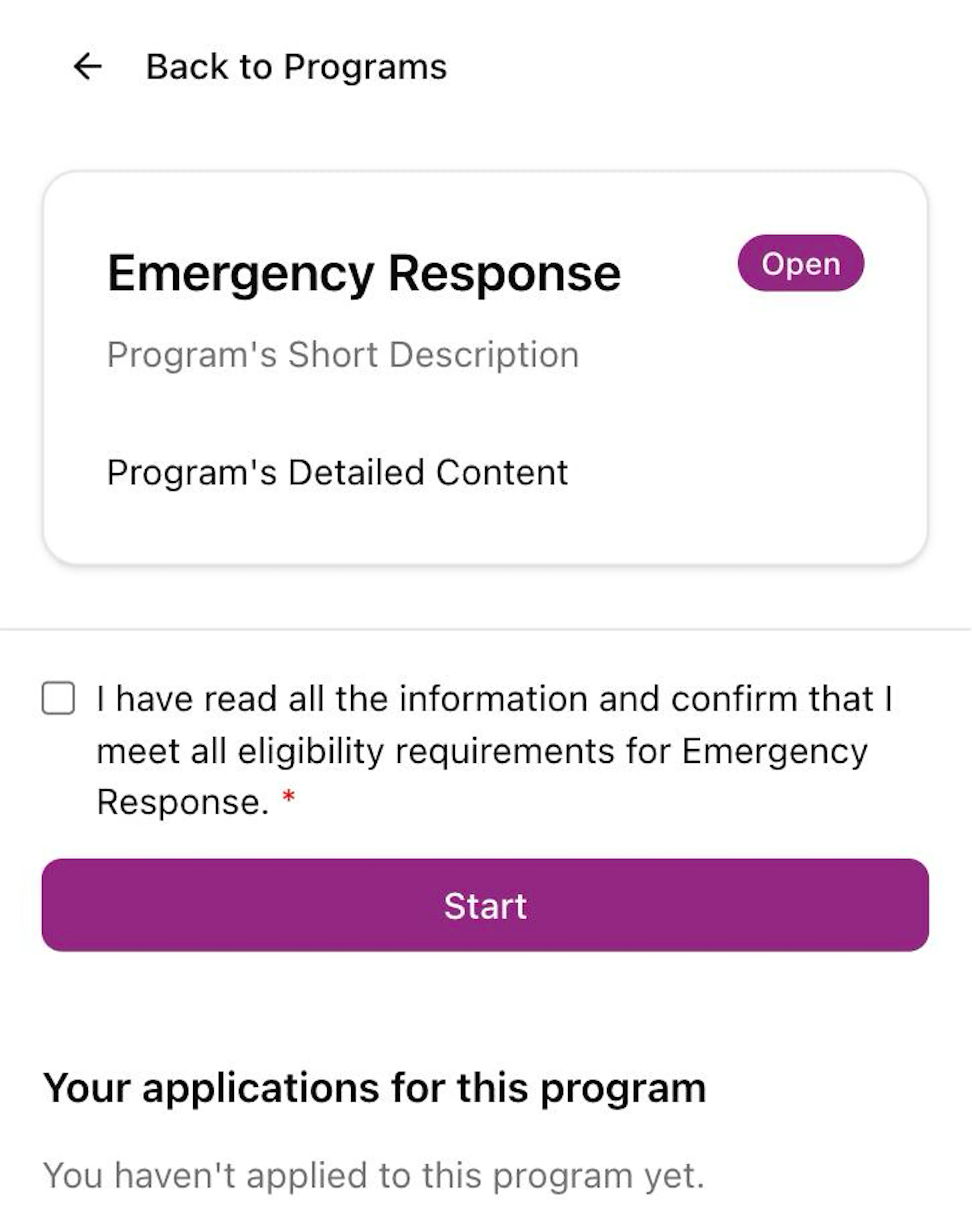 A program page on a phone with Back to Programs, the program name and the purple Open label, the program description, the checkbox to confirm you read the information, the purple Start button and Your applications for this program