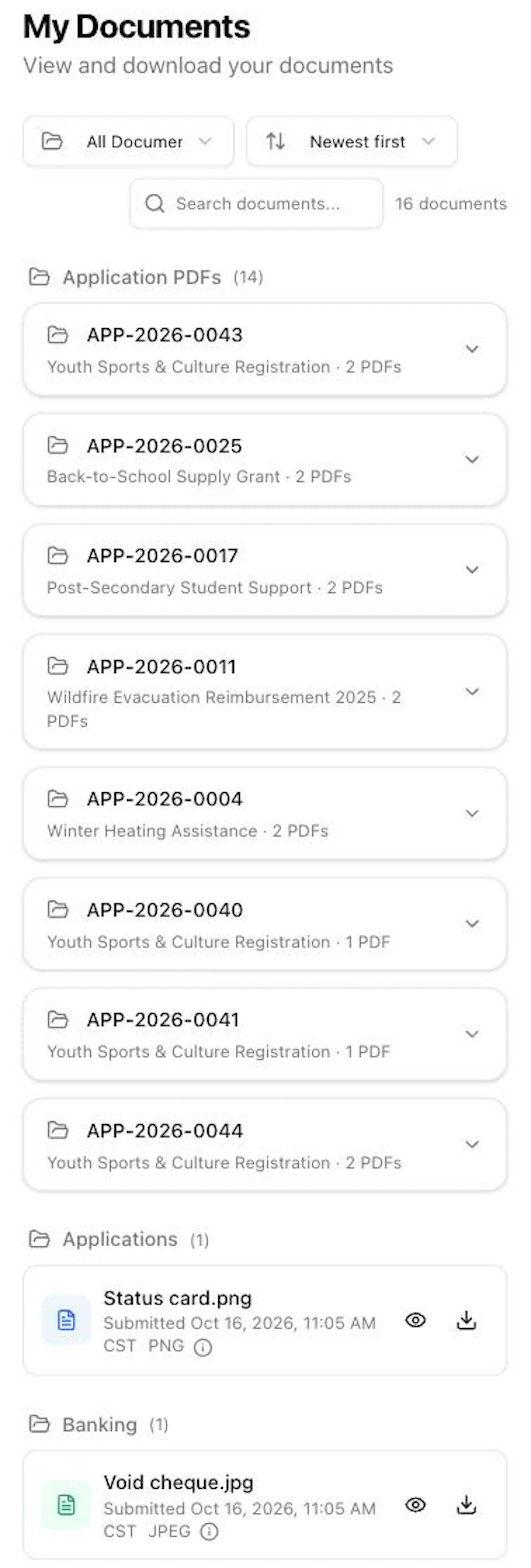 My Documents on a phone with the All Documents and Newest first boxes, the Search documents box, the Application PDFs folder with one row per application, and the Applications and Banking folders with the eye and download icons on each file