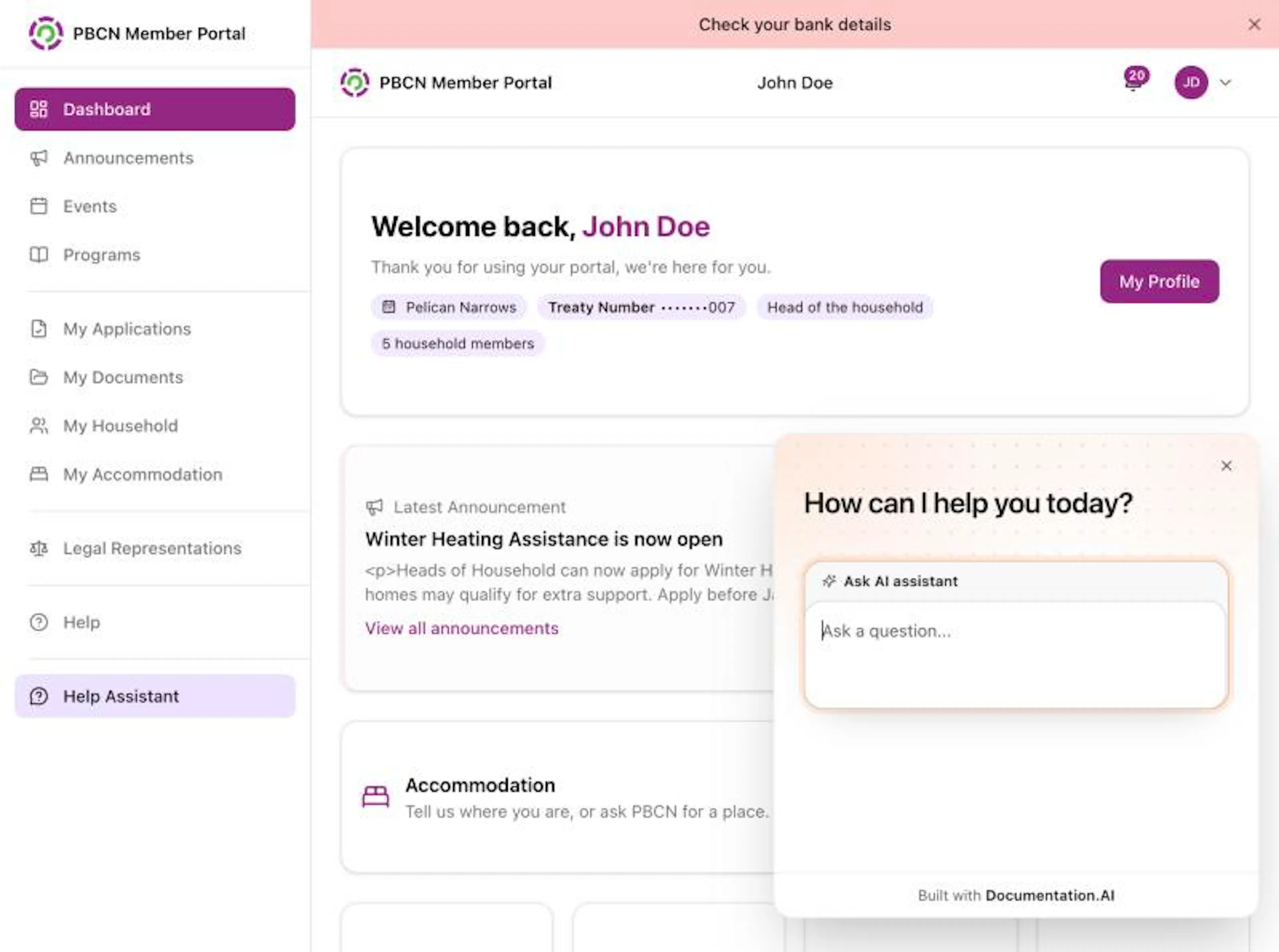 The help panel open beside the portal, with a box to type a question