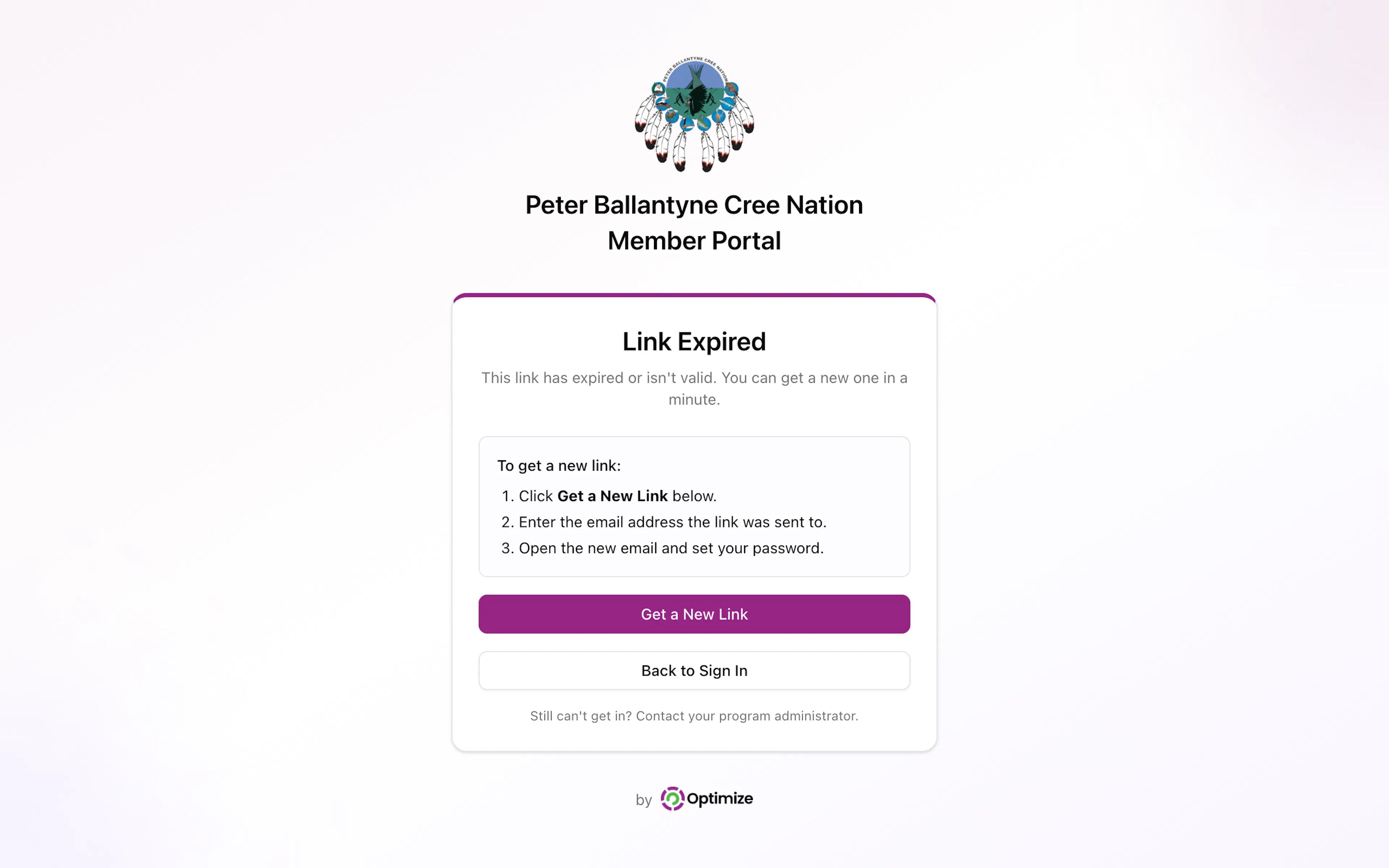 The Link Expired page on a computer with the steps To get a new link, the purple Get a New Link button and the white Back to Sign In button