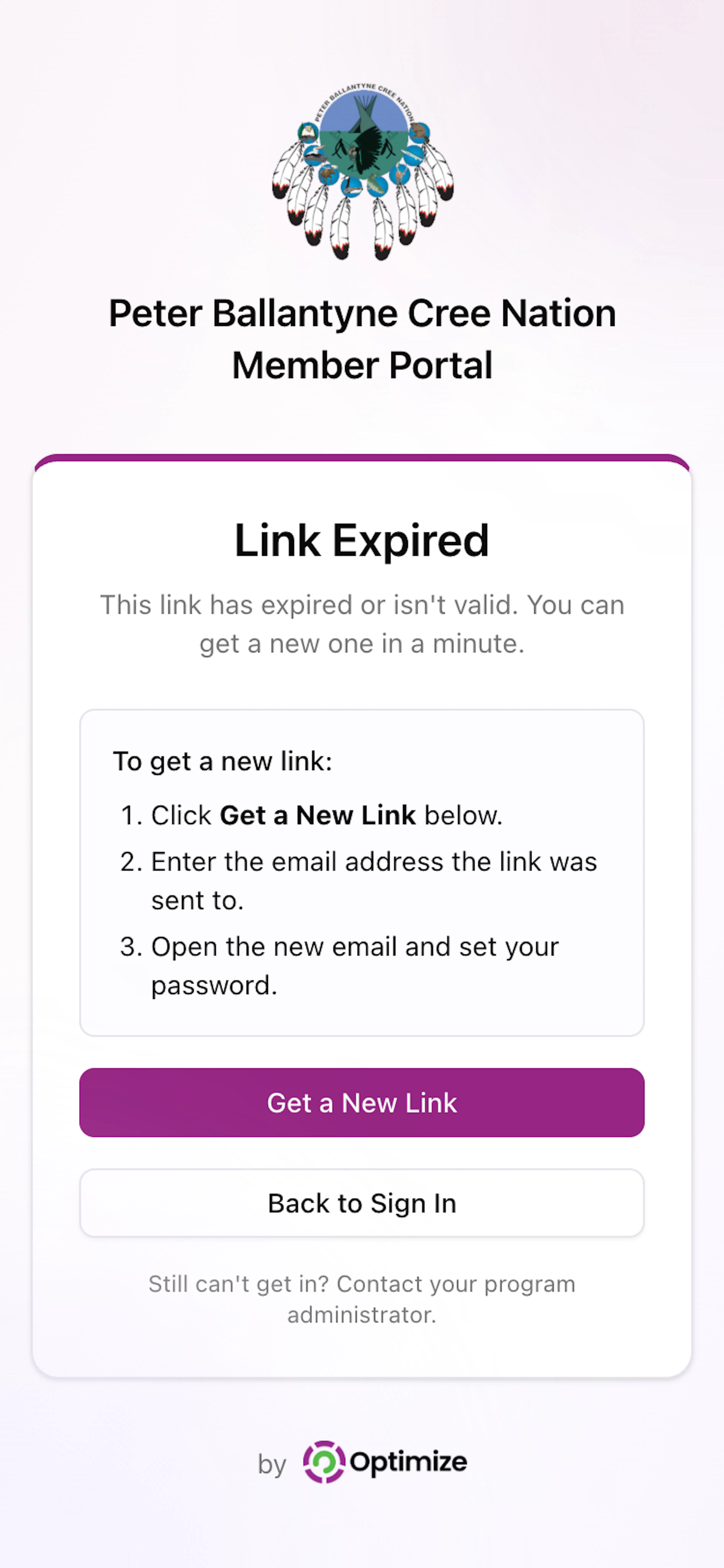 The Link Expired page on a phone with the steps To get a new link, the purple Get a New Link button and the white Back to Sign In button