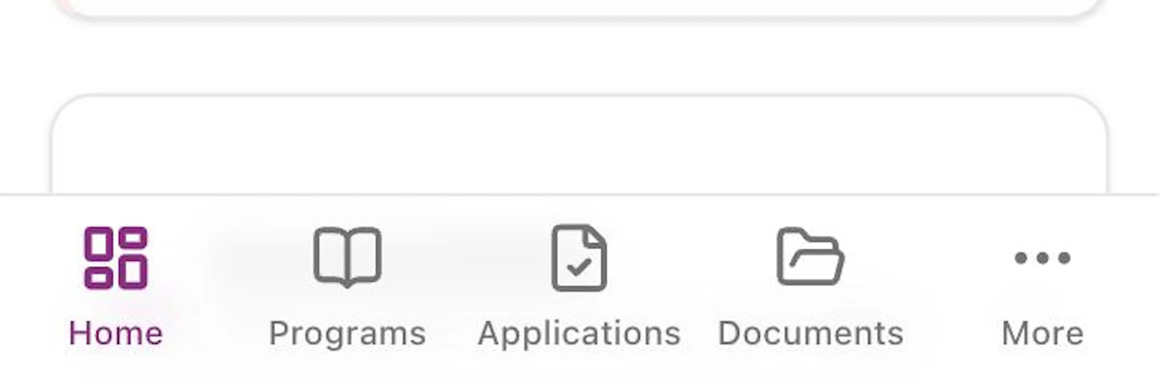 The bar at the bottom of a phone screen with Home in purple, then Programs, Applications, Documents and More