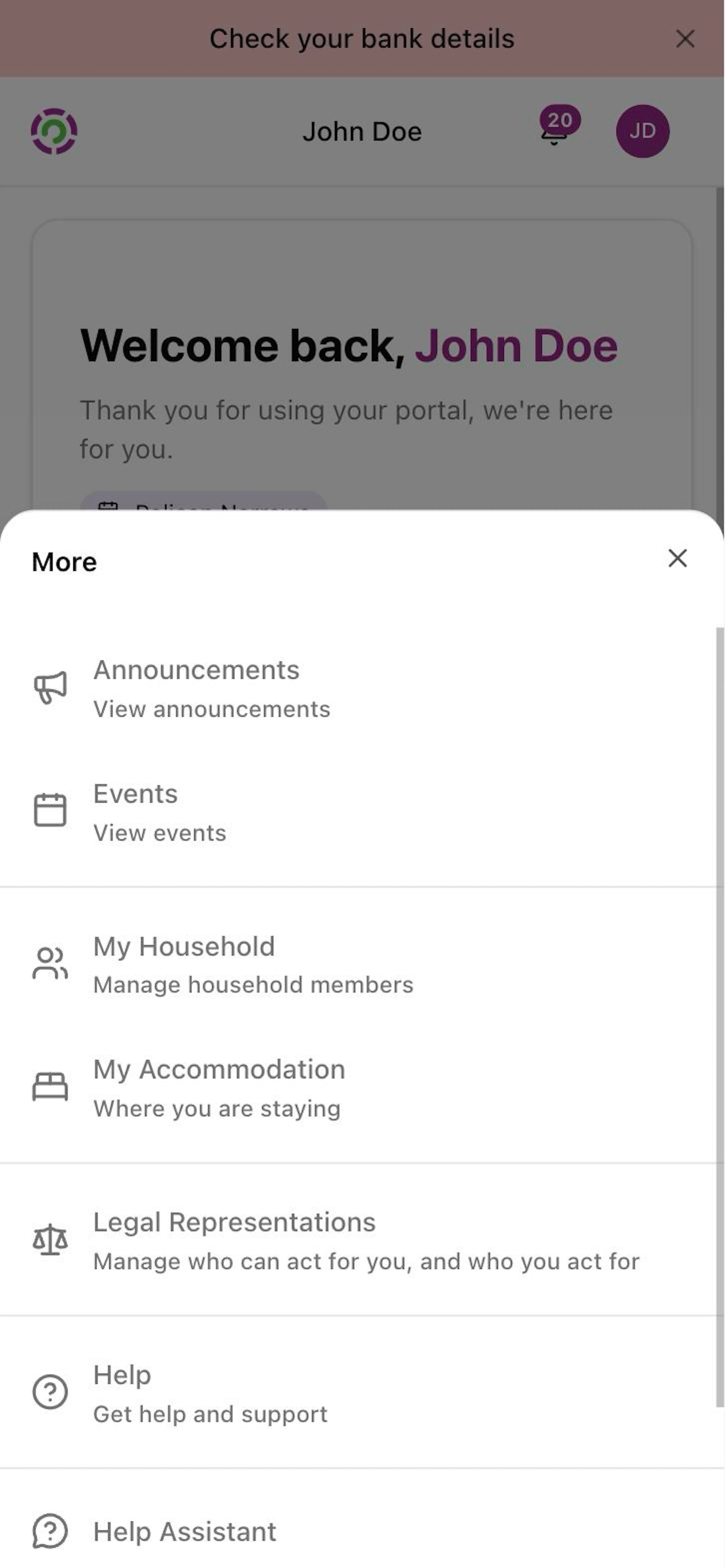 The More list open on a phone with Help at the bottom