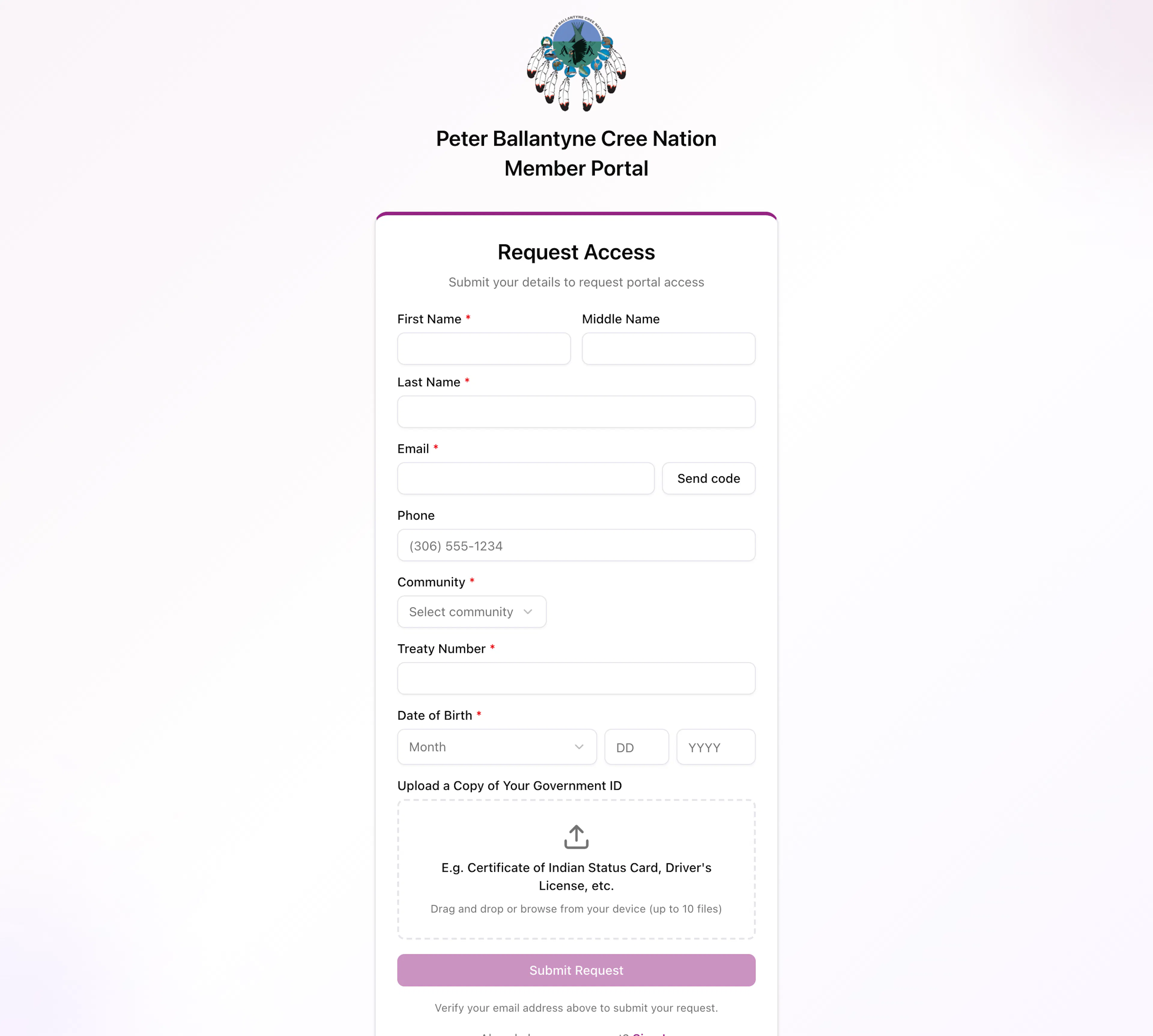 The empty Request Access form on a computer with First Name and Middle Name side by side, Last Name, Email with the white Send code button, Phone, Community, Treaty Number, Date of Birth, a file upload area and the faded Submit Request button