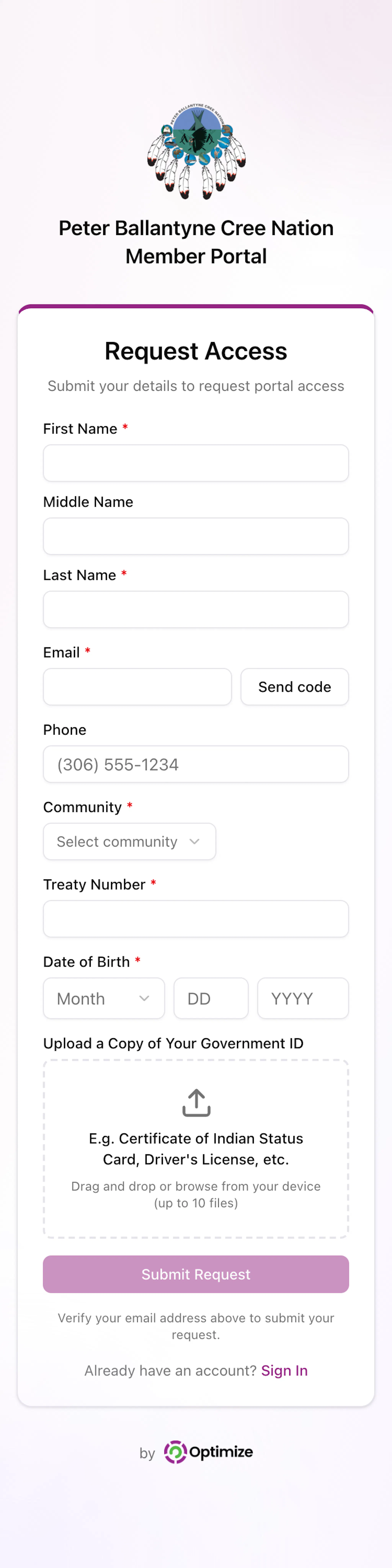 The empty Request Access form on a phone with First Name, Middle Name, Last Name, Email with the white Send code button, Phone, Community, Treaty Number, Date of Birth, a file upload area and the faded Submit Request button