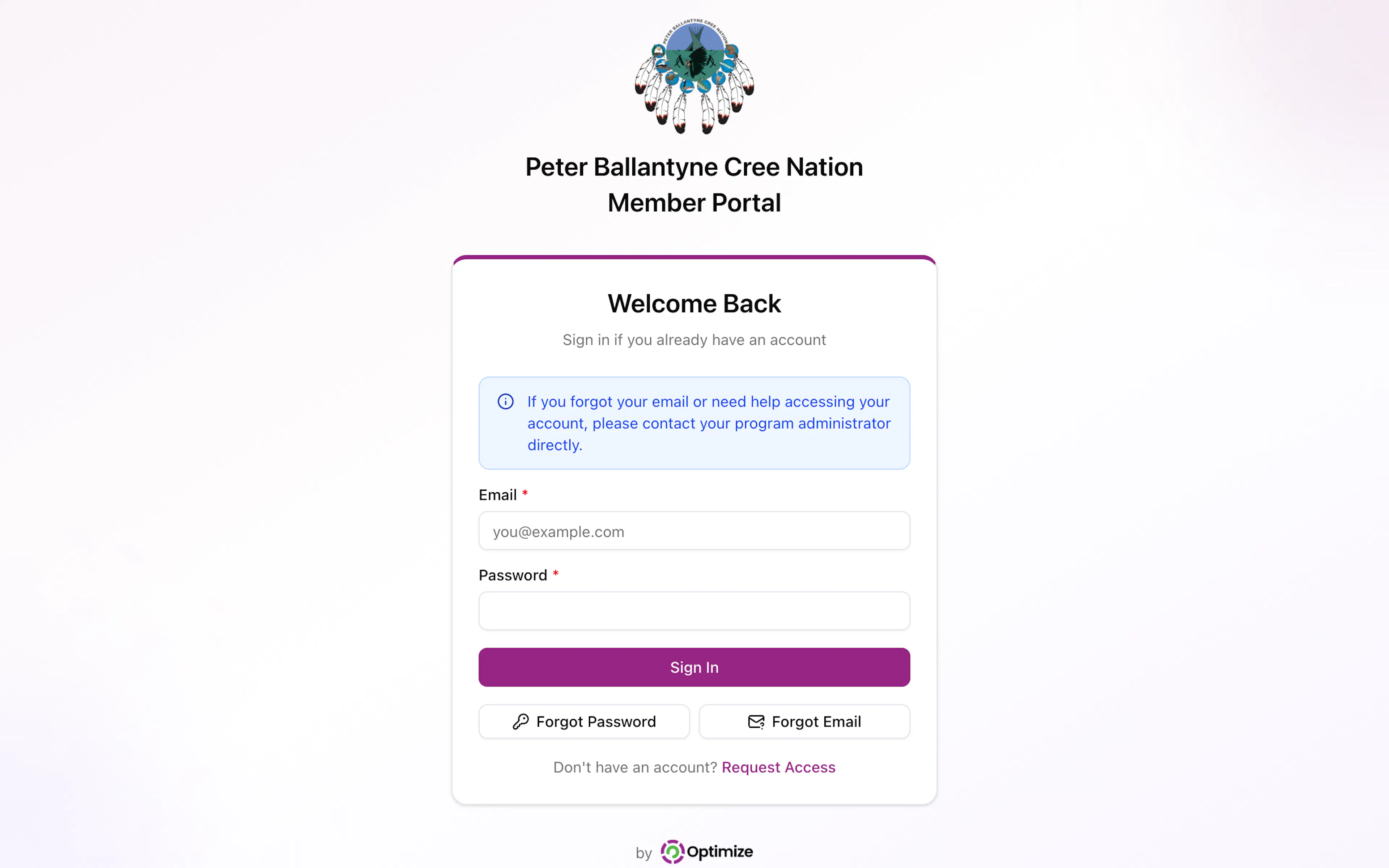 The Welcome Back sign-in box on a computer with the Email and Password boxes, the purple Sign In button, the white Forgot Password and Forgot Email buttons side by side and the Request Access link