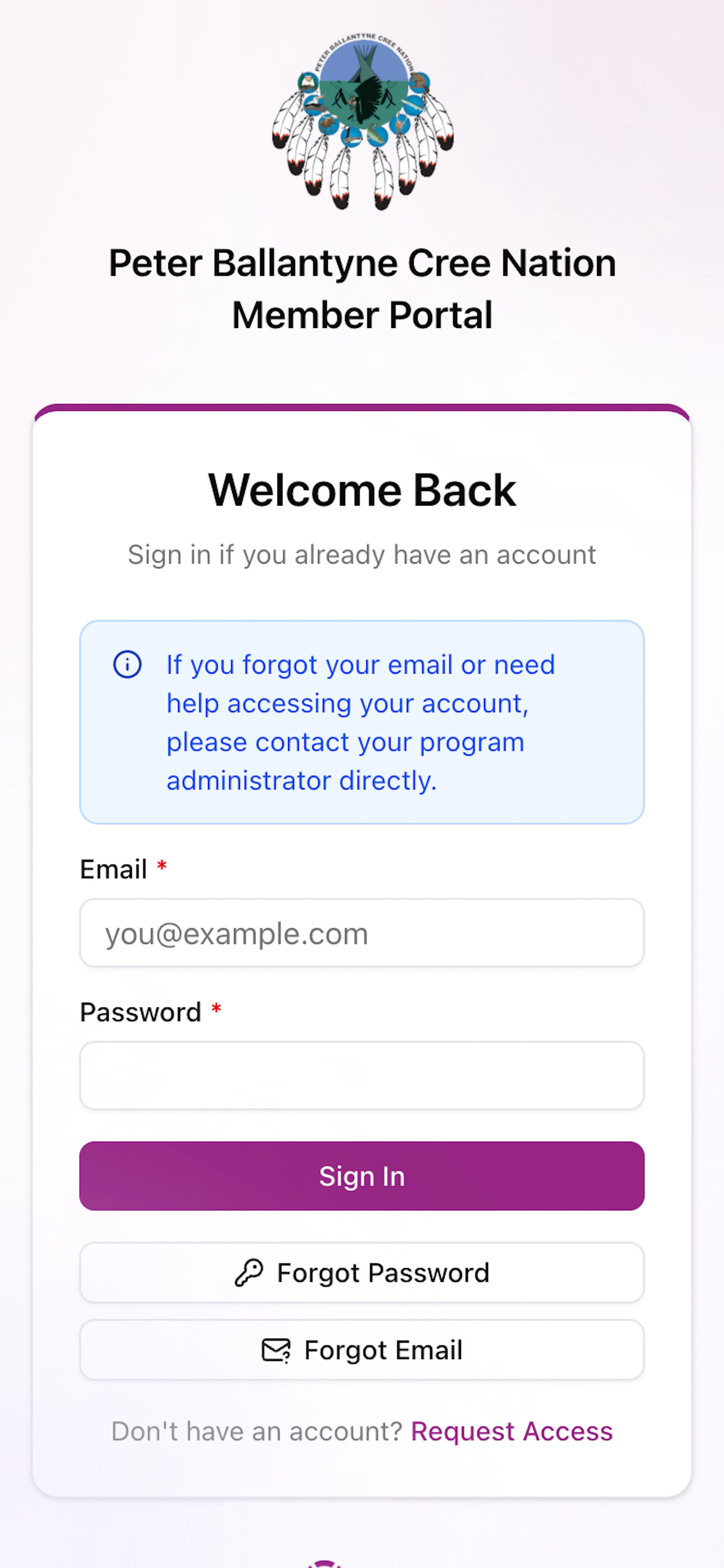 The Welcome Back sign-in box on a phone with the Email and Password boxes, the purple Sign In button, the white Forgot Password and Forgot Email buttons and the Request Access link