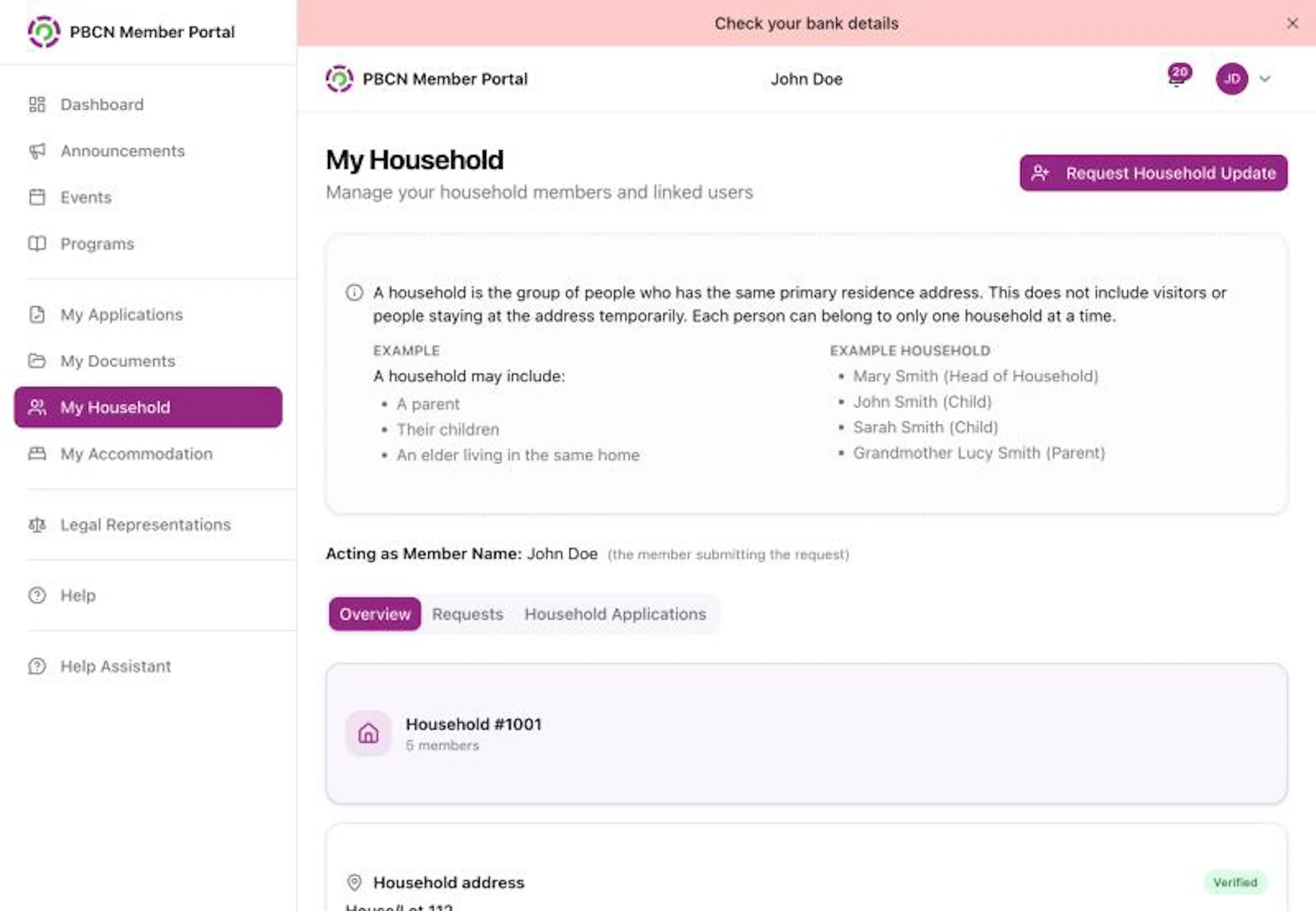 My Household on a computer with the purple Request Household Update button at the top right, the note that explains a household, the Overview, Requests and Household Applications buttons, the household number, the Household address marked Verified, and the Household Members cards