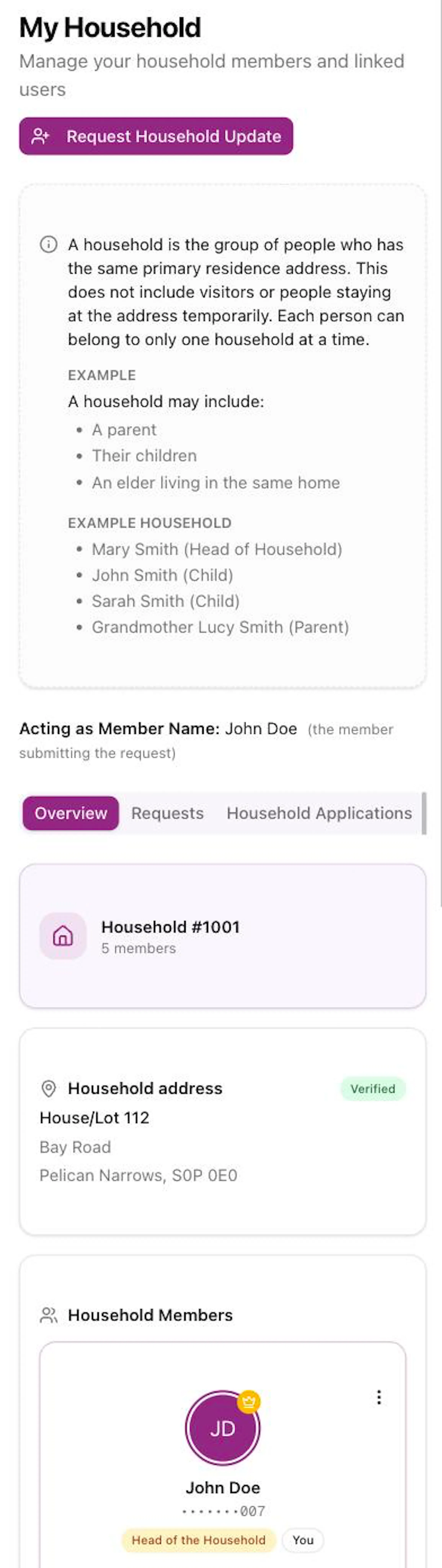 My Household on a phone with the purple Request Household Update button, the note that explains a household, the Overview, Requests and Household Applications buttons, the household number, the Household address marked Verified, and John Doe's card marked Head of the Household and You